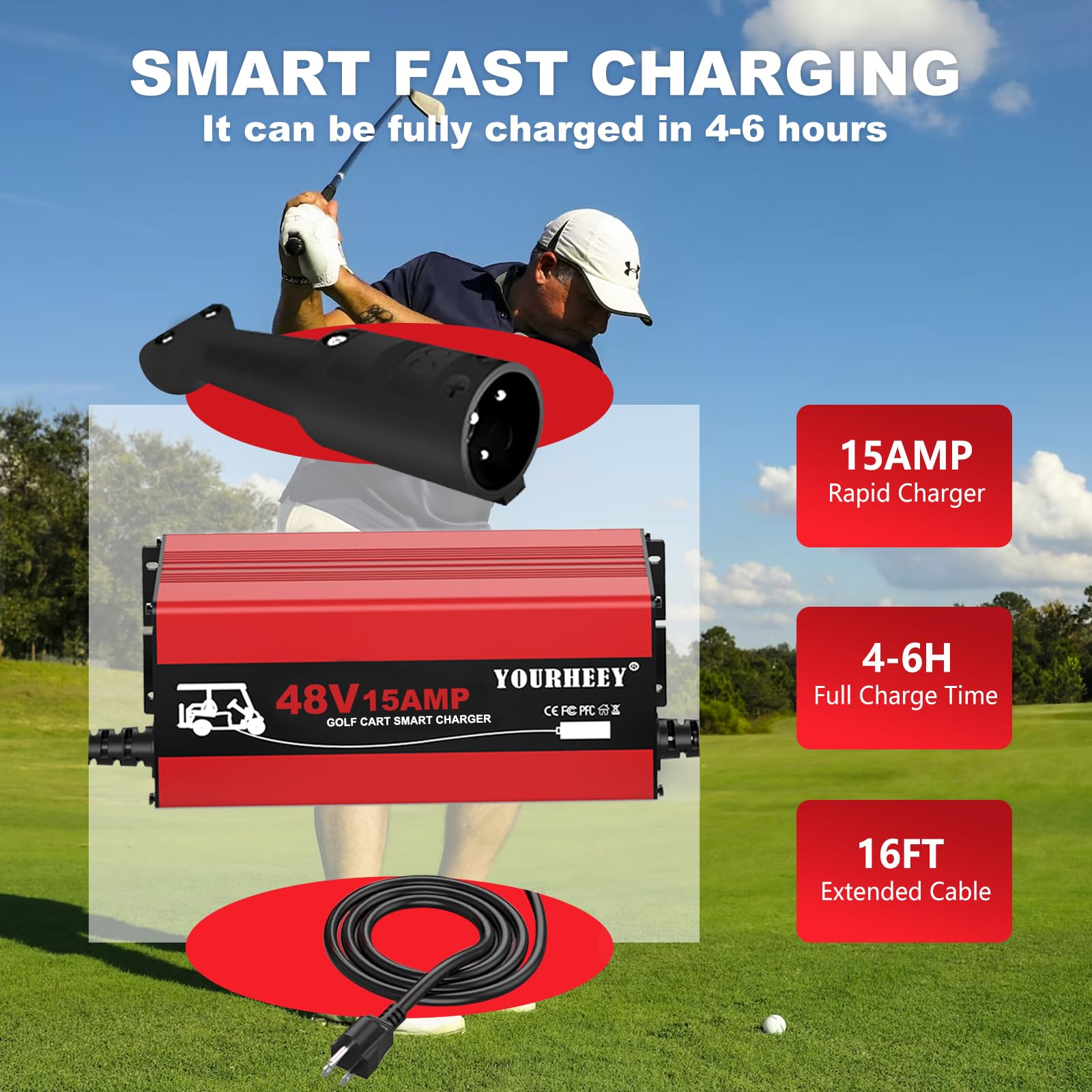 YOURHEEY 48 Volt Golf Cart Battery Charger for Club Car, 15 Amp Trickle Charge Golf Cart Charger 110-240V, 16FT Cable, 4-6H Full Charge 900W Portable Golf Cart Charger for Lead Acid Battery, AGM, Gel