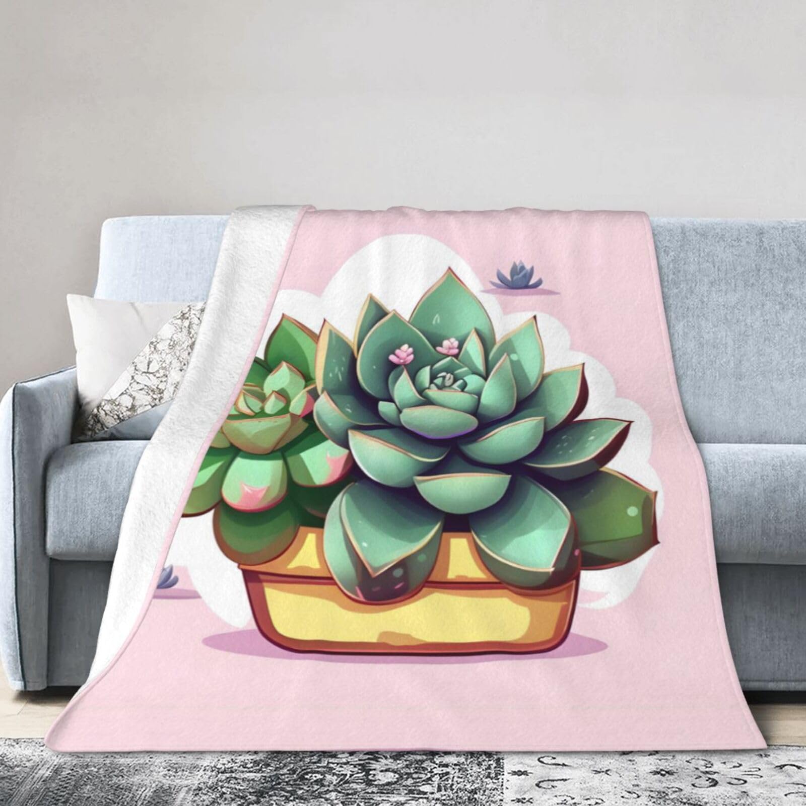 Cartoon Succulents 60"x50" Fleece Blanket, Full Size, Super Soft, Suitable for Bed, Sofa, Camping, All Seasons