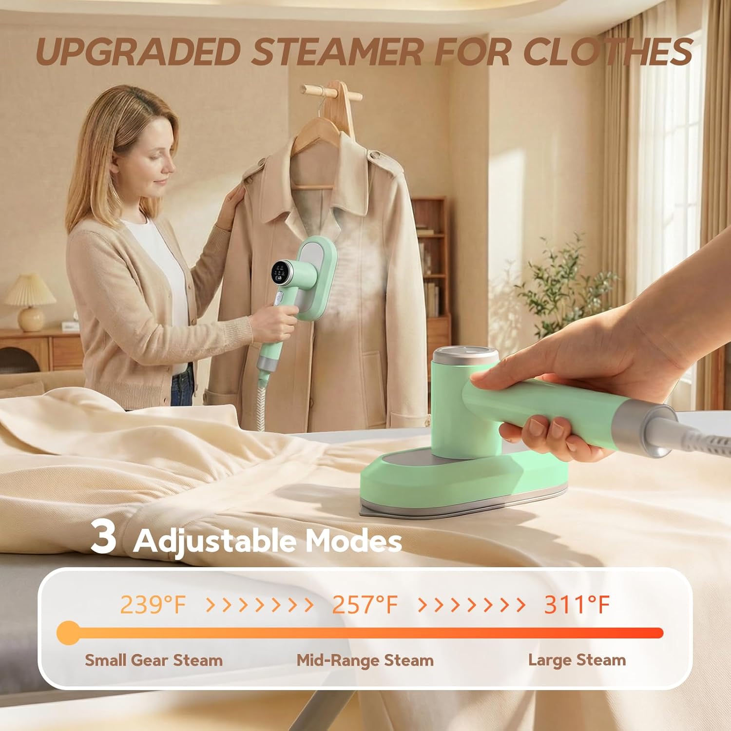 2 In 1 Steamer for Clothes: 1550W Powerful Steamer with 1100ml Detachable Tank, 30s Fast Heat-Up, Horizontal & Vertical Use, Portable Wrinkle Remover for Clothes Drapes Bedding (Green)