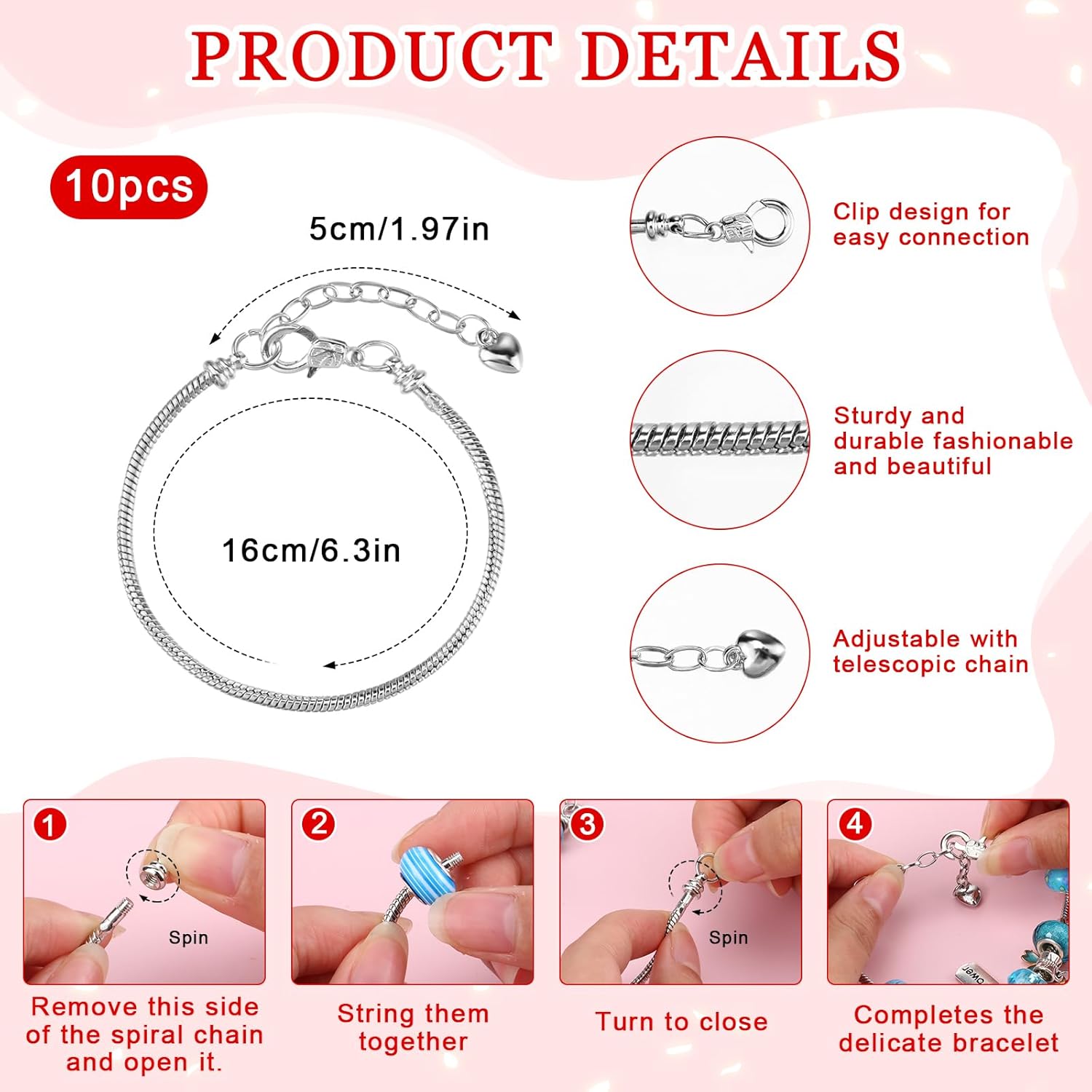 Ferreve 231 Pcs Charm Bracelet Making Kit Snake Chain European Large Hole Beads Dangle Charm with Plastic Storage Box DIY Jewelry Making Craft Gifts for Women(6.3 Inch)