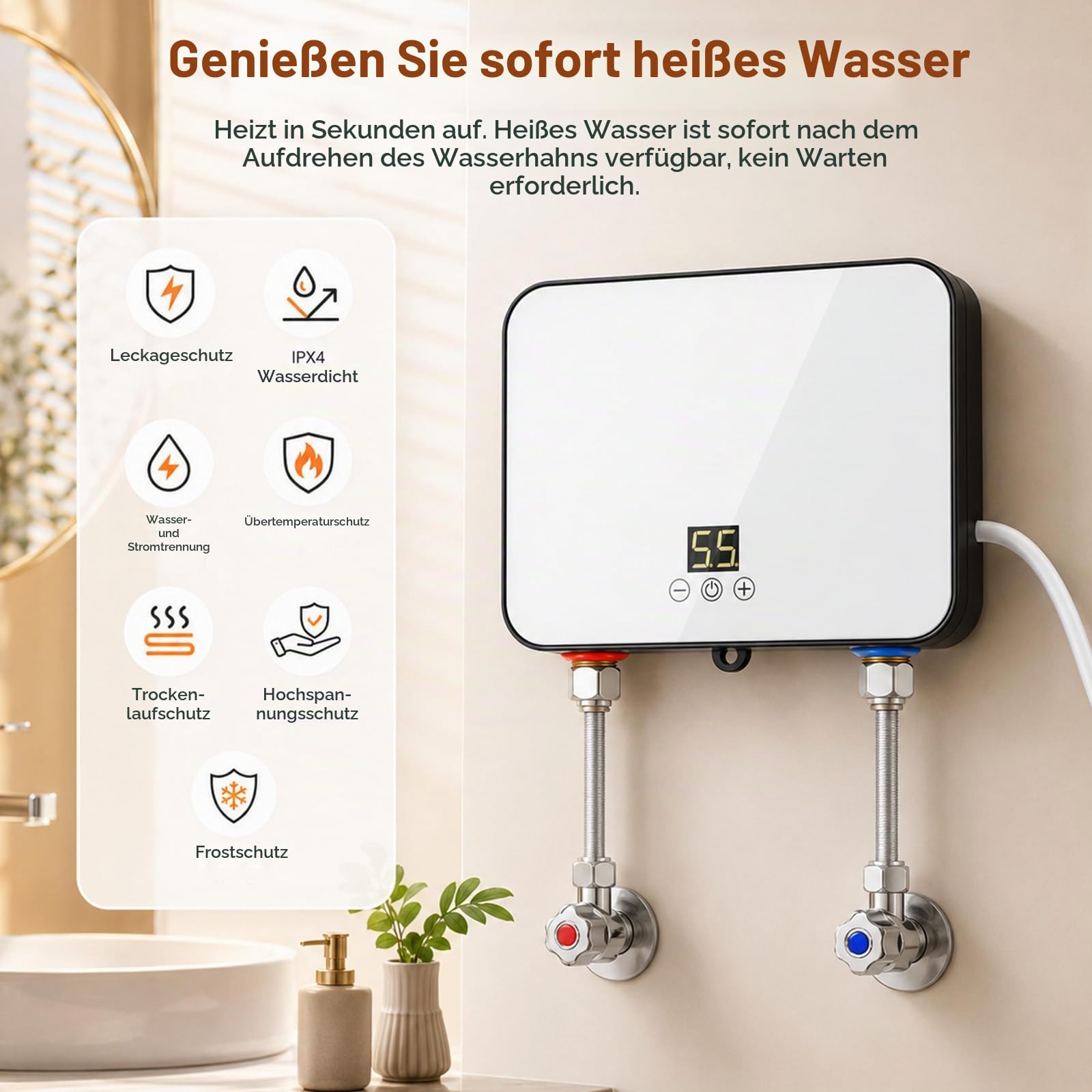 Electric Instantaneous Water Heater, 5500 W 220 V Elektrische Warmwasserbereiter Druckfester Untertischspeicher mit LCD-Temperaturanzeige für Dusche, Badezimmer, Küchefür Dusche, Badezimmer