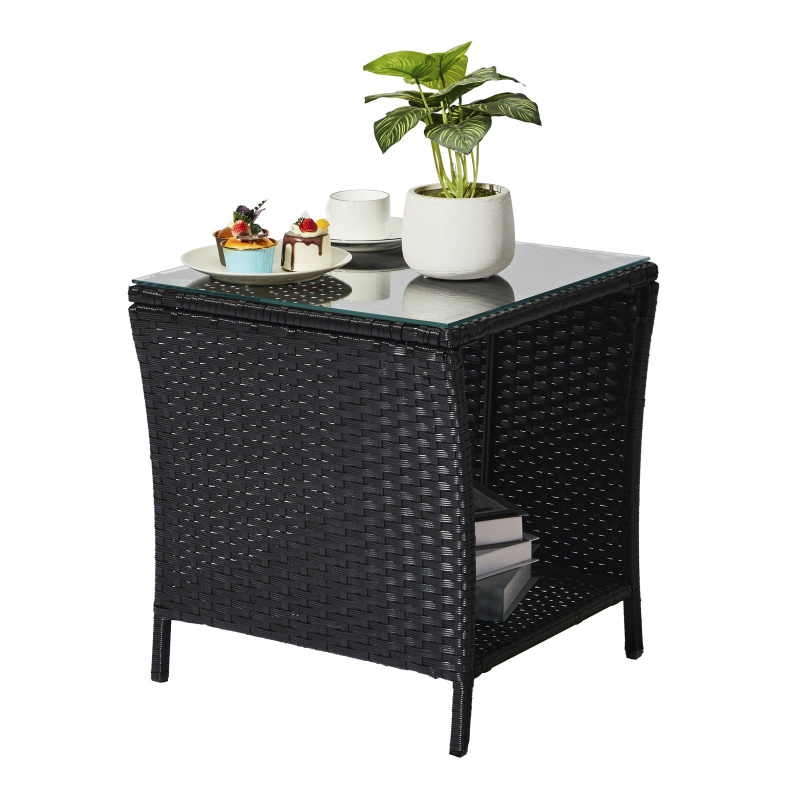 Rpuzonier Outdoor Rattan Side Table, Square Coffee Table with Tempered Glass Top and Storage, Black