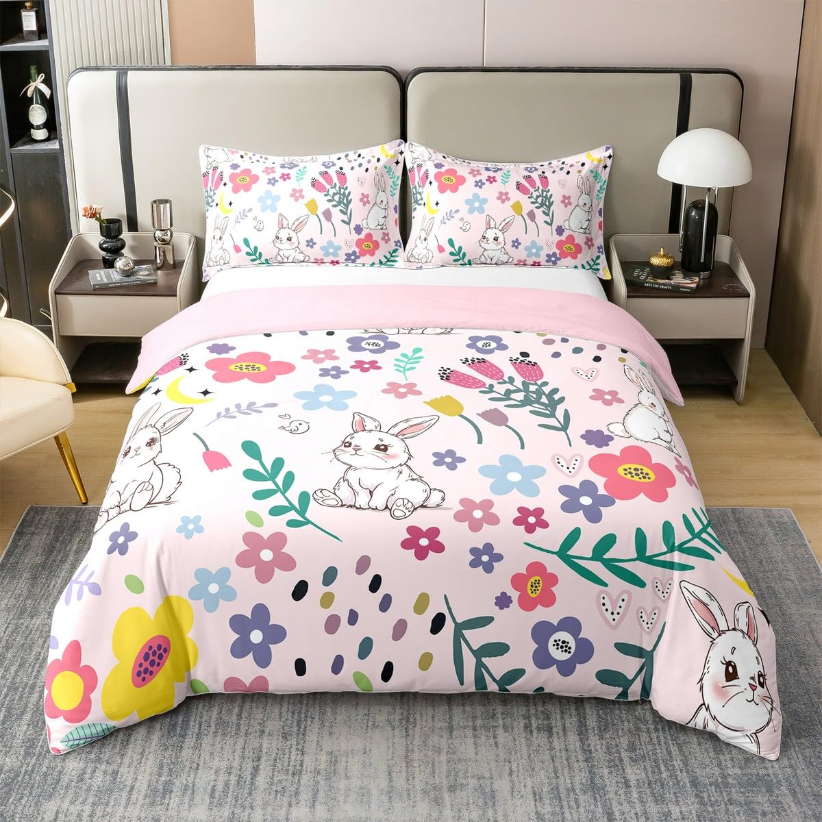Housse de couette lapin 220x240 rose en coton biologique avec taies d'oreiller Homewish