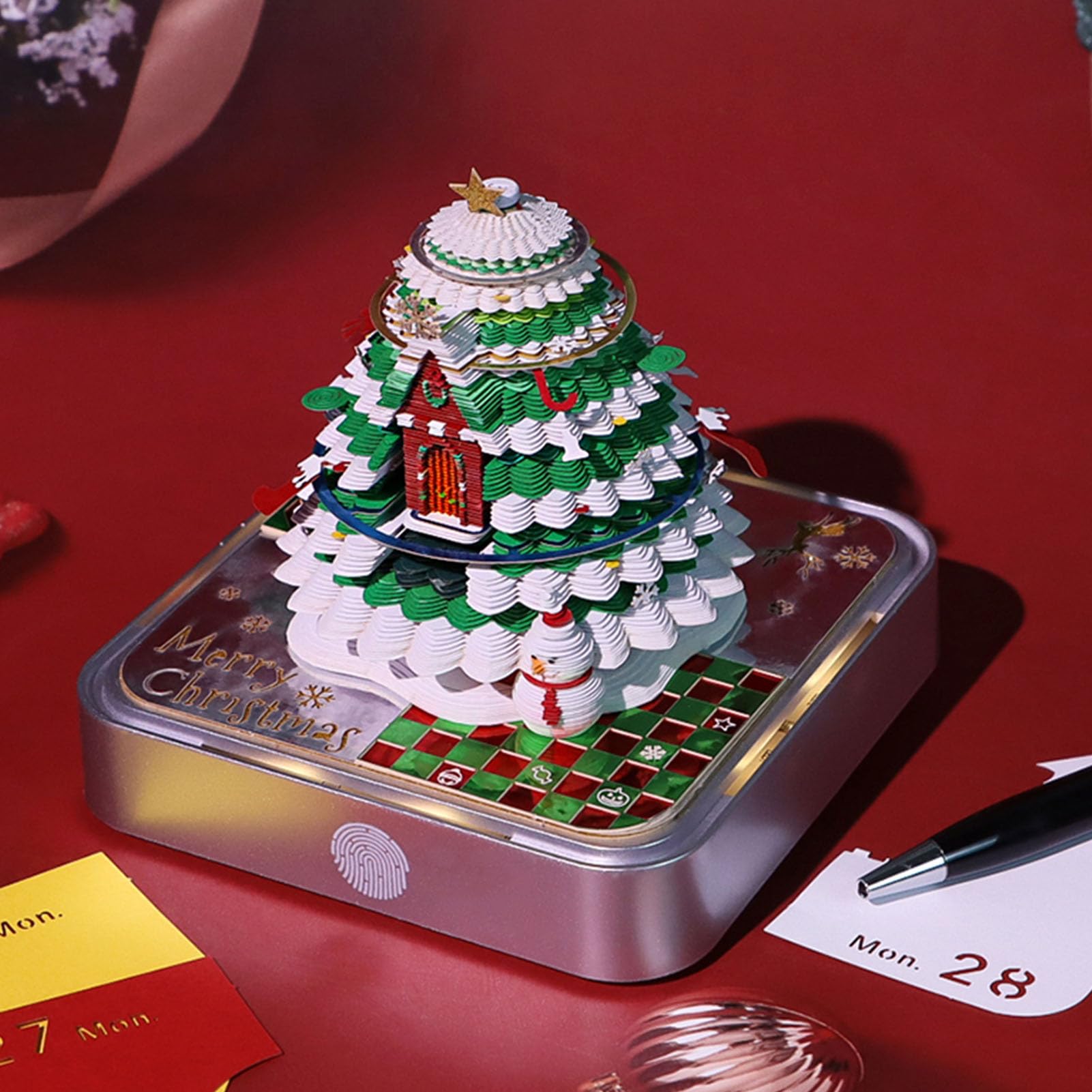 3D-Notizblock, Weihnachtsbaum, Haus, Papierschnitzerei, Kunst-Notizblock mit Kalender 2026 für Schreibtisch, Ornament, Geschenk, 3D-Notizblock, Papierschnitzerei,