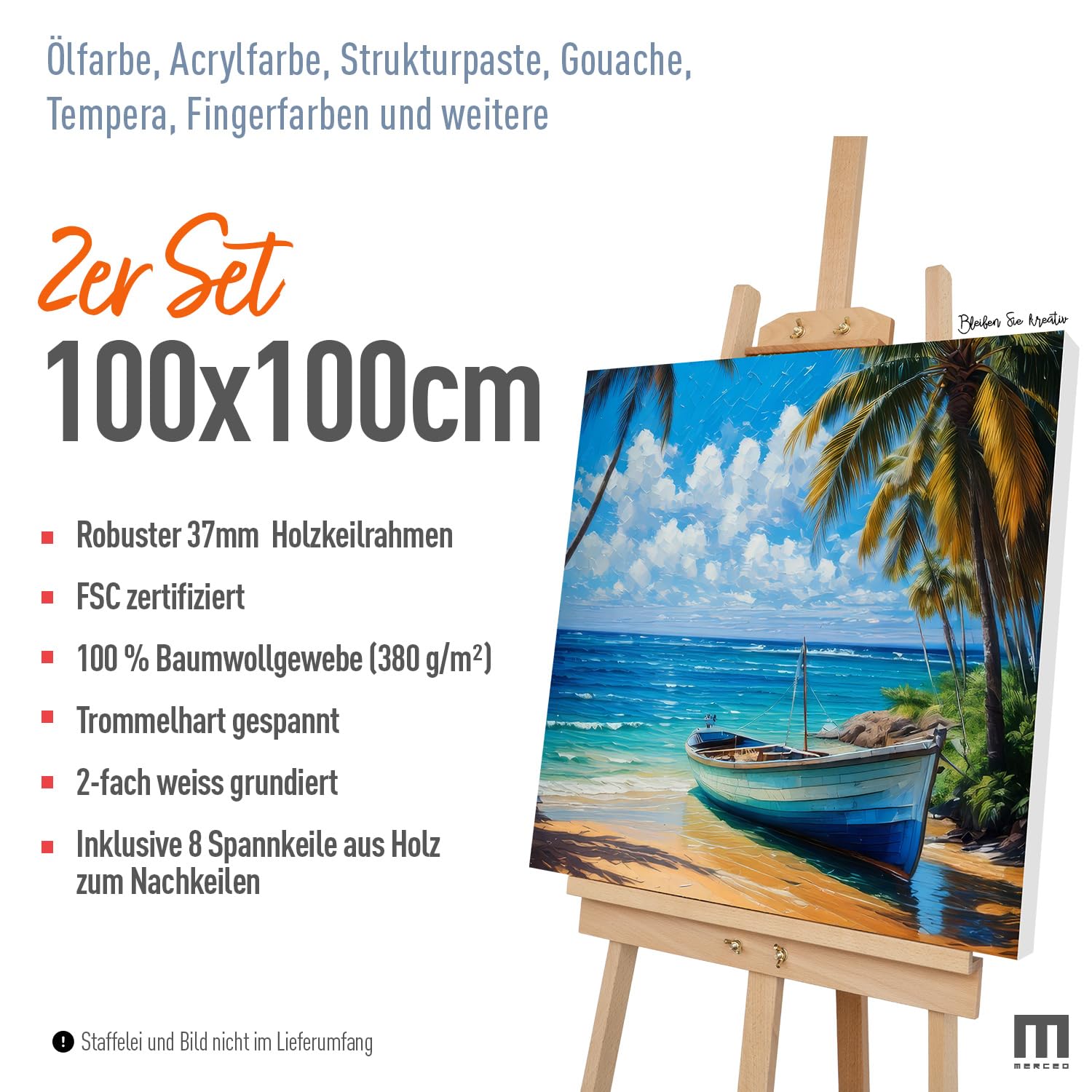 M MERCEO 2 Stück XXL Künstler-Leinwand Set zum Bemalen 100x100 cm – 100% Baumwolle 380 g/m², 2-fach grundiert – stabiler 37mm Keilrahmen für Acryl & Öl