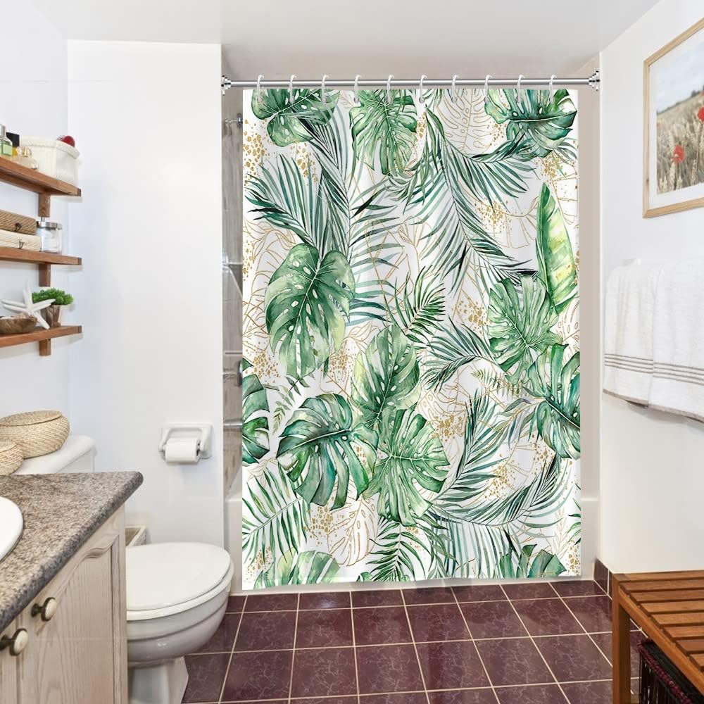 Cortina de Ducha de Hoja Eucalipto, Cortinas de Ducha Verde Oro Abstracto Planta Cortinas de Baño Antimoho Impermeable Lavable Tejido de Poliéster Cortina Ducha con 12 Ganchos 120x200cm — view 150