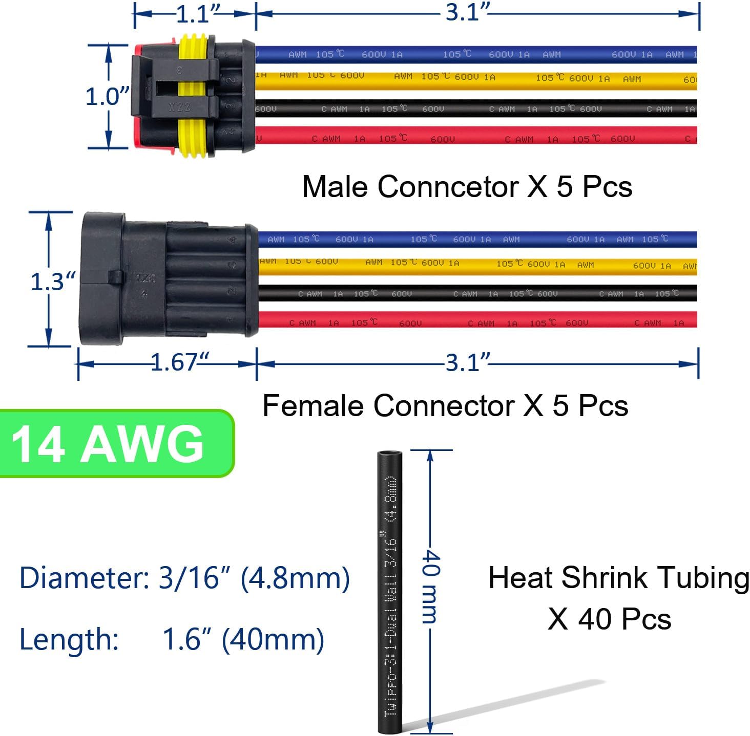 14 AWG 4 Wire Connector Waterproof Wire Connectors 4 Pin Automotive Electrical Connectors Plug with 14 Gauge Wires and 40pcs Heat Shrink Tubing Kit (5set)