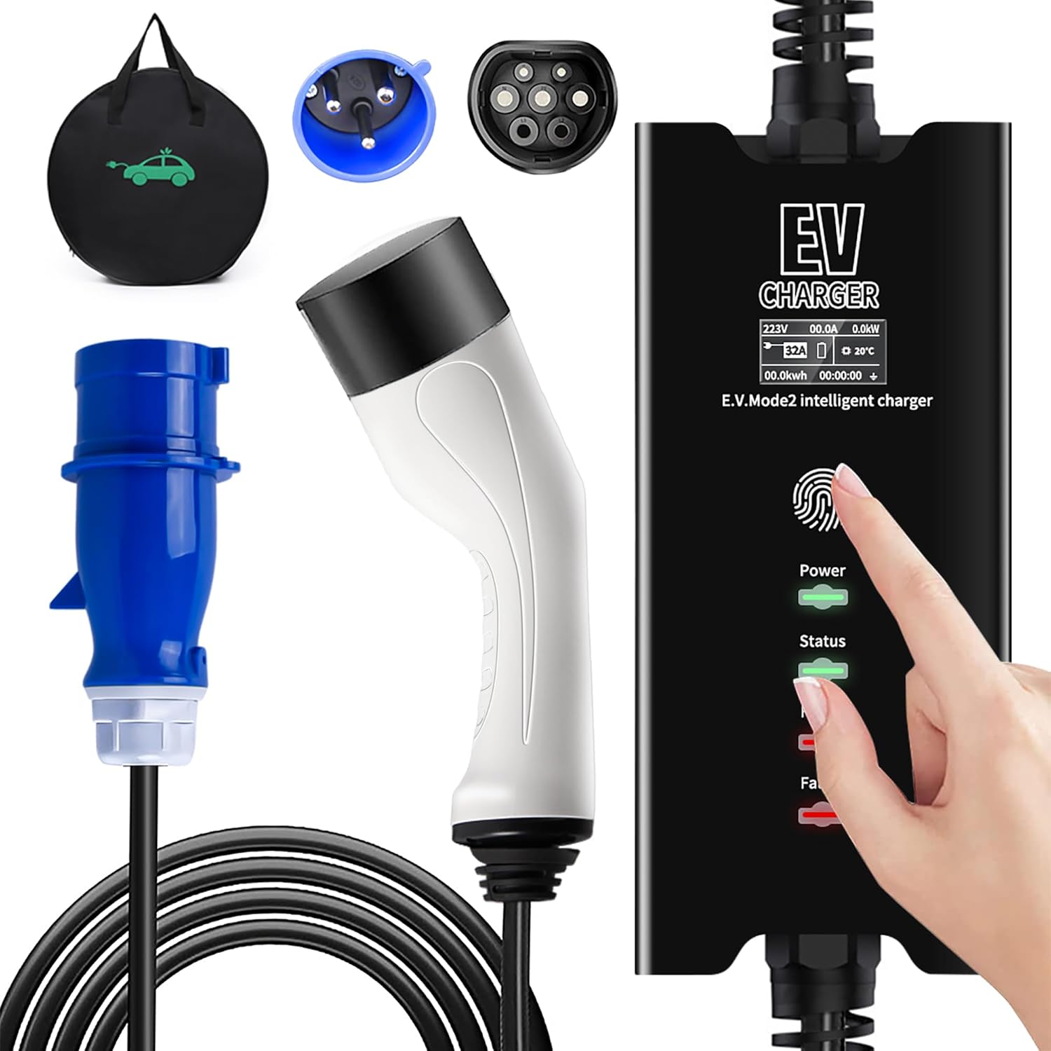 CEE EV Charger type 2 to 3 pin, 7Kw Adjustable 8/10/13/16/32A, IP54