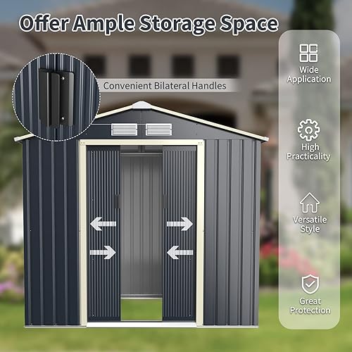 Miniatura 3 de Goplus Cobertizo de almacenamiento al aire libre, cobertizo de jardín de metal de 9 x 6 pies con 4 rejillas de ventilación y puerta corrediza doble,