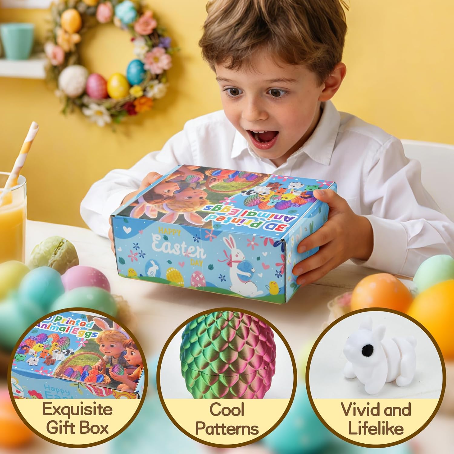 BUUFAN 12PCS 3D Printed Animals with Eggs Set, Easter Basket Stuffers for Kids, Colorful 3D Print Animal Toy Pack, Easter Gifts Party Favors for Boys and Girls