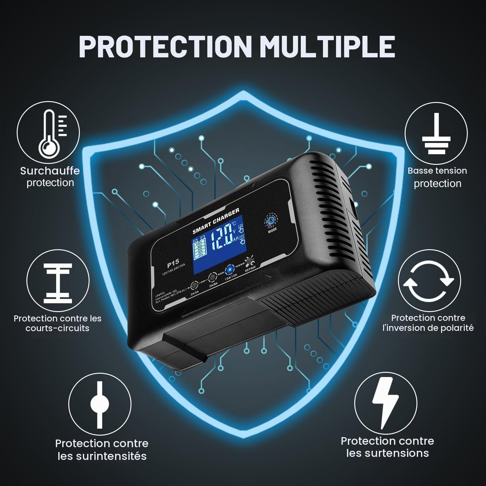 Haisito Chargeur de batterie de voiture 15 A/10 A, 6 V/12 V/24 V, convient pour les motos, tondeuses à gazon, bateaux, etc.