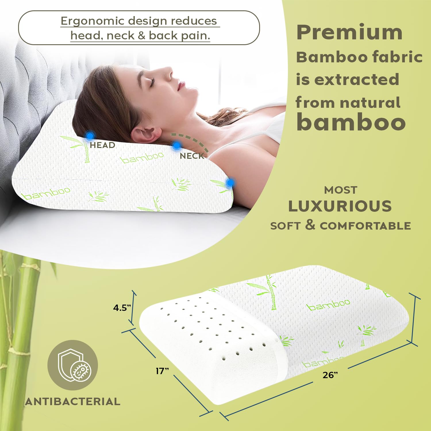 AYKA Bamboo Orthopaedic Memory Foam Bed Pillow for Sleeping, Relief Neck Pain, Shoulder Pain & Back Pain | Suitable for Side, Back & Stomach Sleepers | (Standard Size, 25x16 inch, Pack of 2)