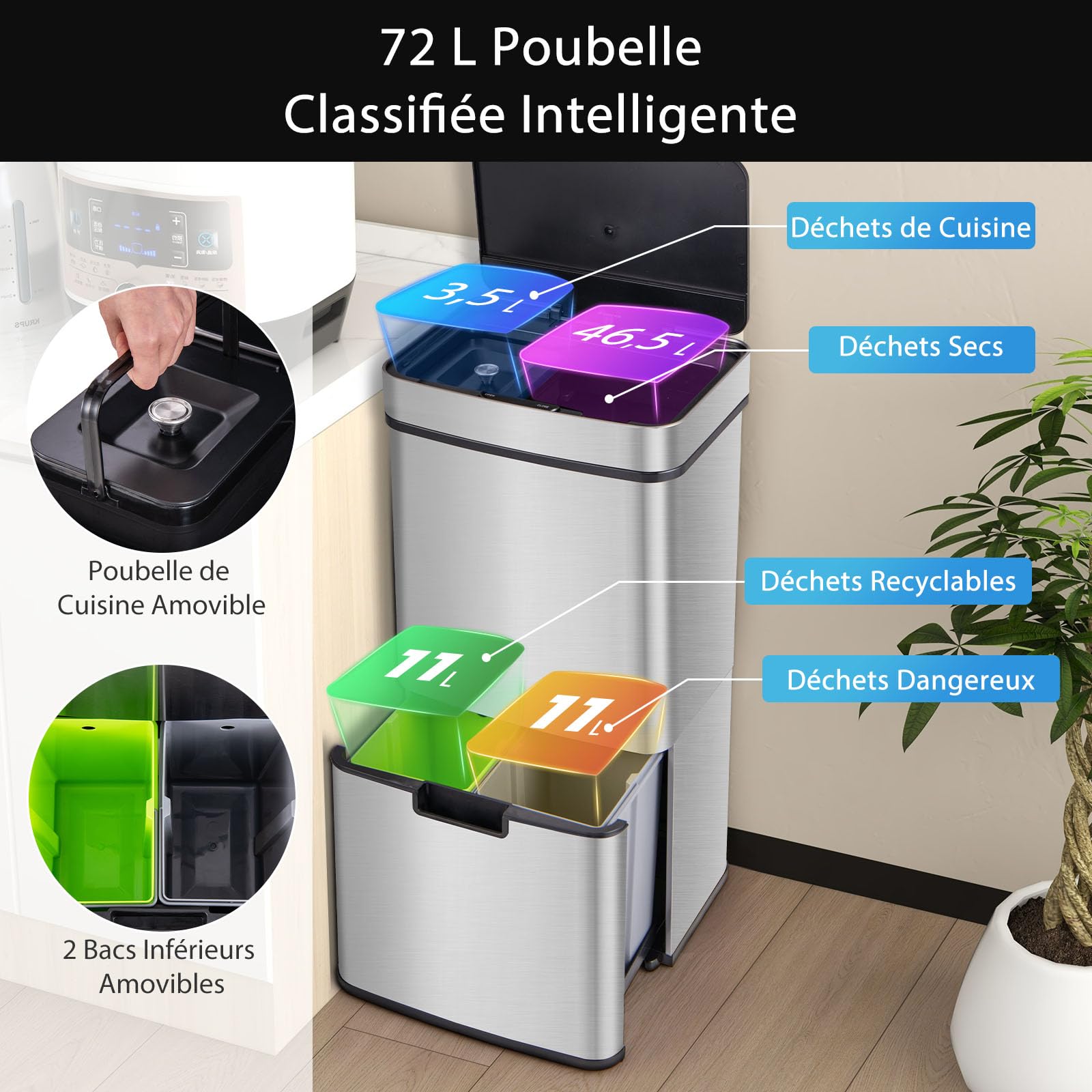 GOPLUS - Cubo de basura para cocina sin contacto, sensor de movimiento inteligente, cubo de reciclaje, cierre lento, para cocina, 42 x 32-58 x 84-110 cm