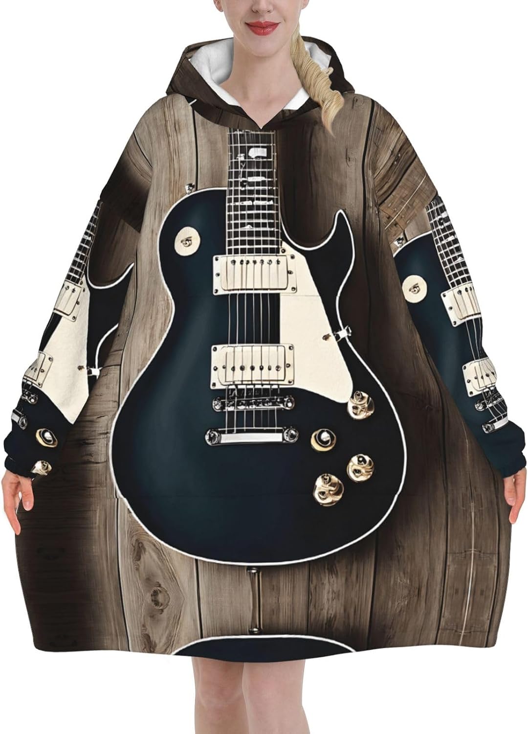 Musical Guitar Print Blanket Hoodie Fleece Sweatshirt Blanket With Sleeves And Pockets