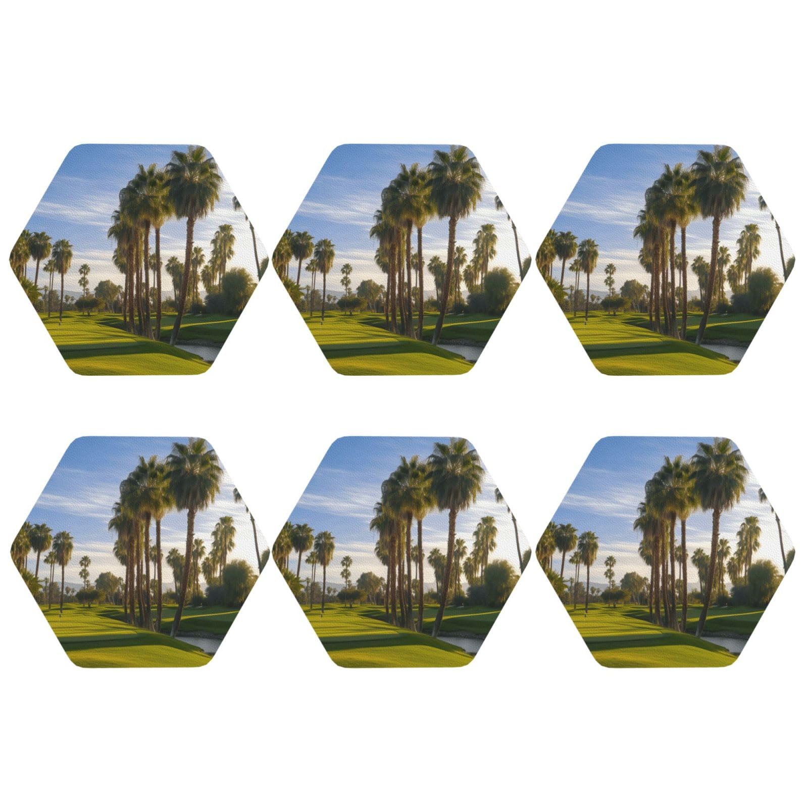 6pcs Leather Coasters for Drinks, Palm Tree Golf Course Drink Coasters for Tabletop Protection, 4" Cup Coasters for Coffee Table Decor, Non-Slip Drinking Cup Mat for Hot Or Cold Drink