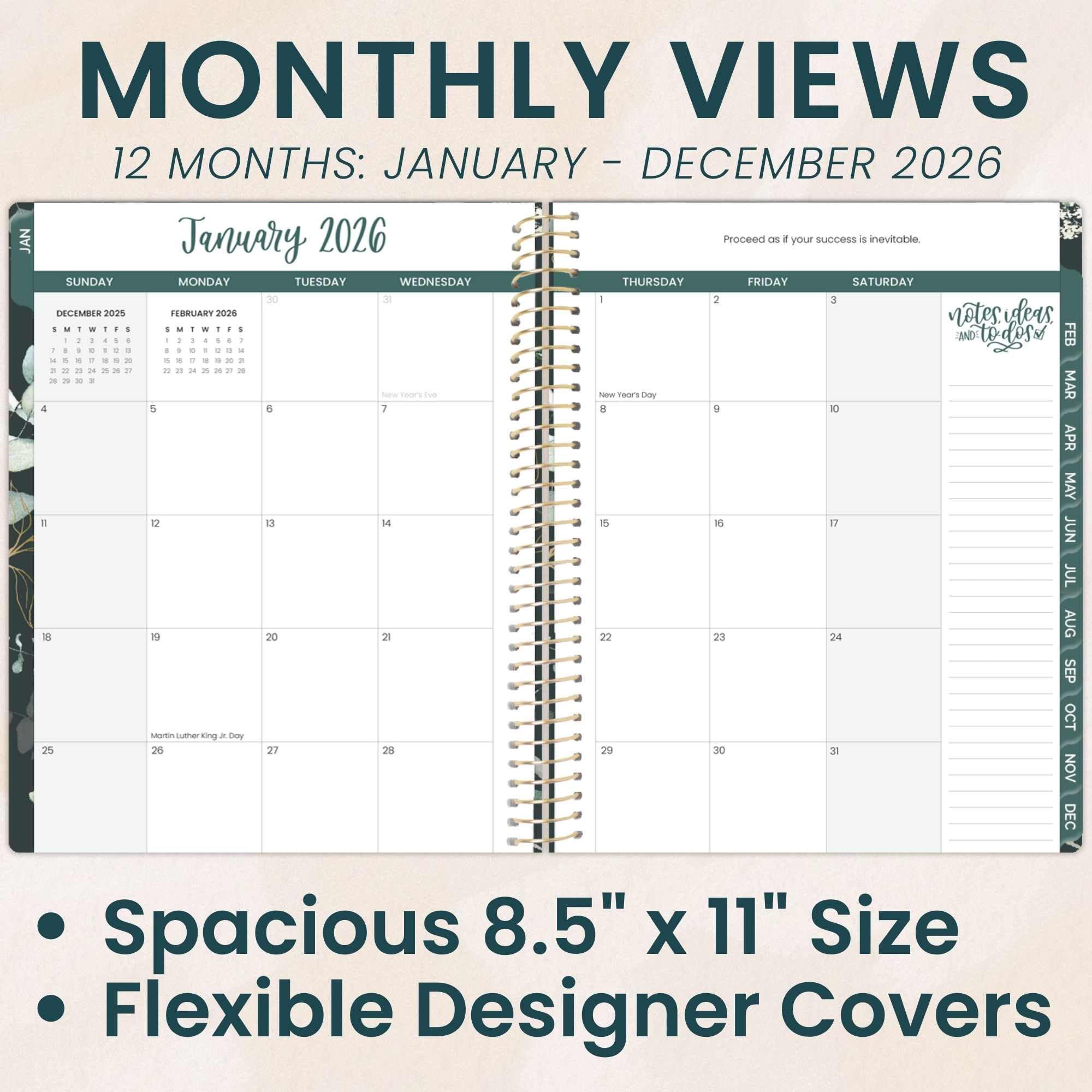 bloom daily planners Planer 2026 (od stycznia do grudnia) - 21,5 cm x 28 cm tygodniowy i miesięczny organizer z naklejkami i zakładkami - elastyczna miękka okładka - eukaliptus, zielony