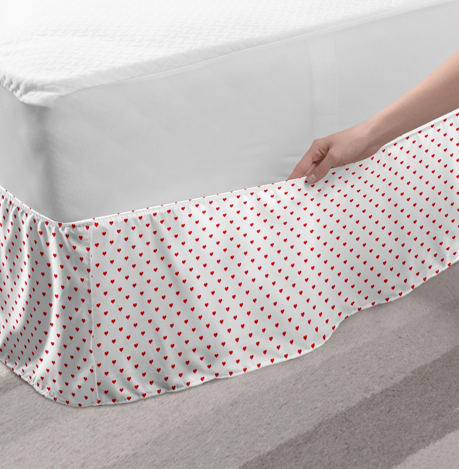 Lunarable Romantic Bed Skirt, Heart Valentines Loves Anniversary Celebration Print, Elastic Bedskirt Dust Ruffle Wrap Around for Bedding Decor, Full, Vermilion and White