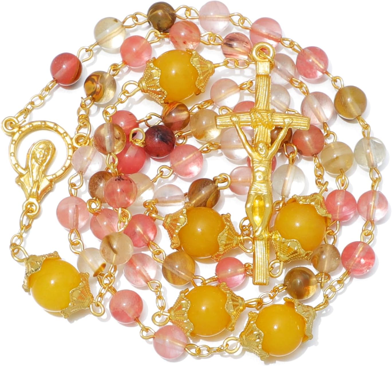 KOMI Gemstone Beads Rosary Catholic for Women 18K Gold Plated Rosaries Beads Necklace Christian Catholic Gifts
