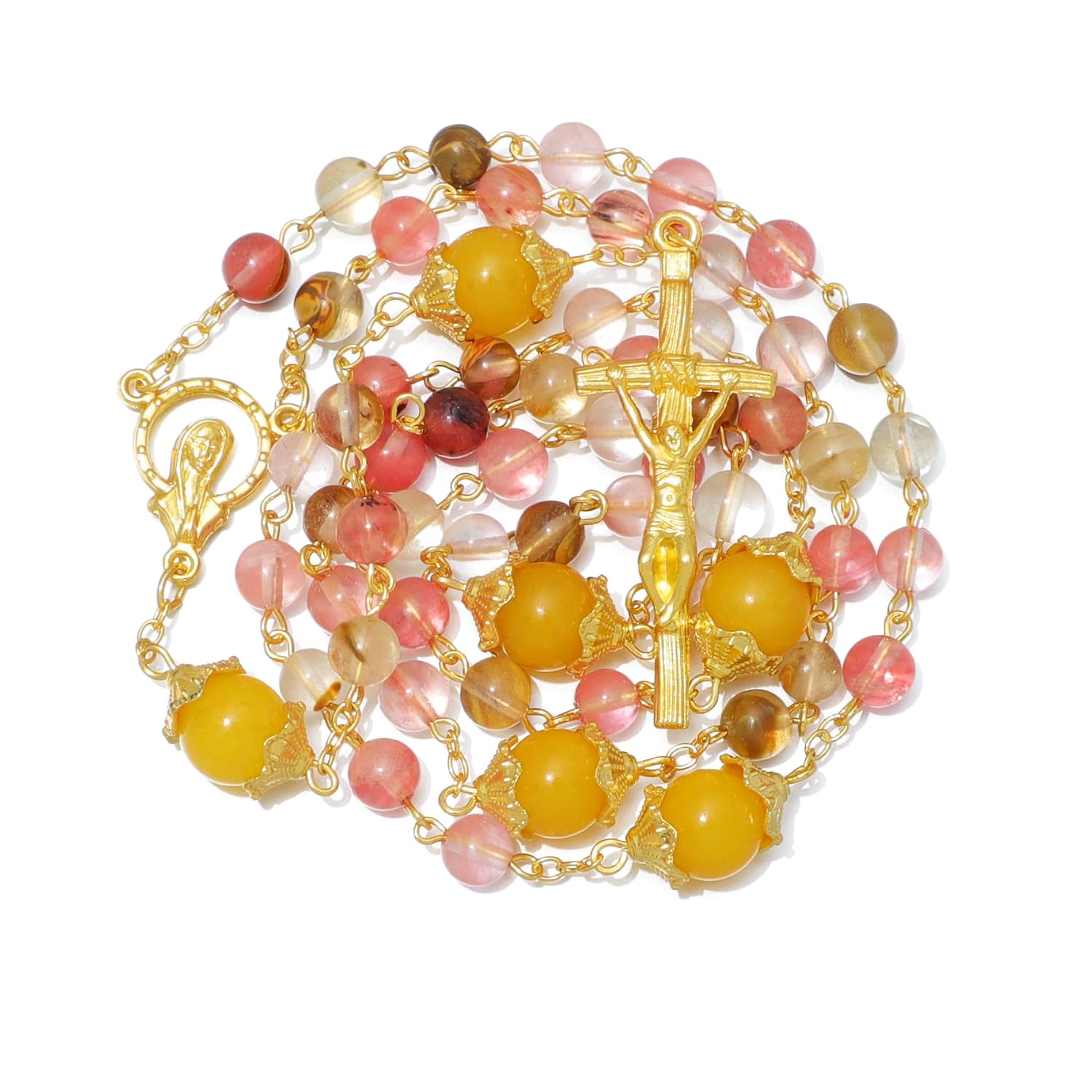 KOMI Gemstone Beads Rosary Catholic for Women 18K Gold Plated Rosaries Beads Necklace Christian Catholic Gifts