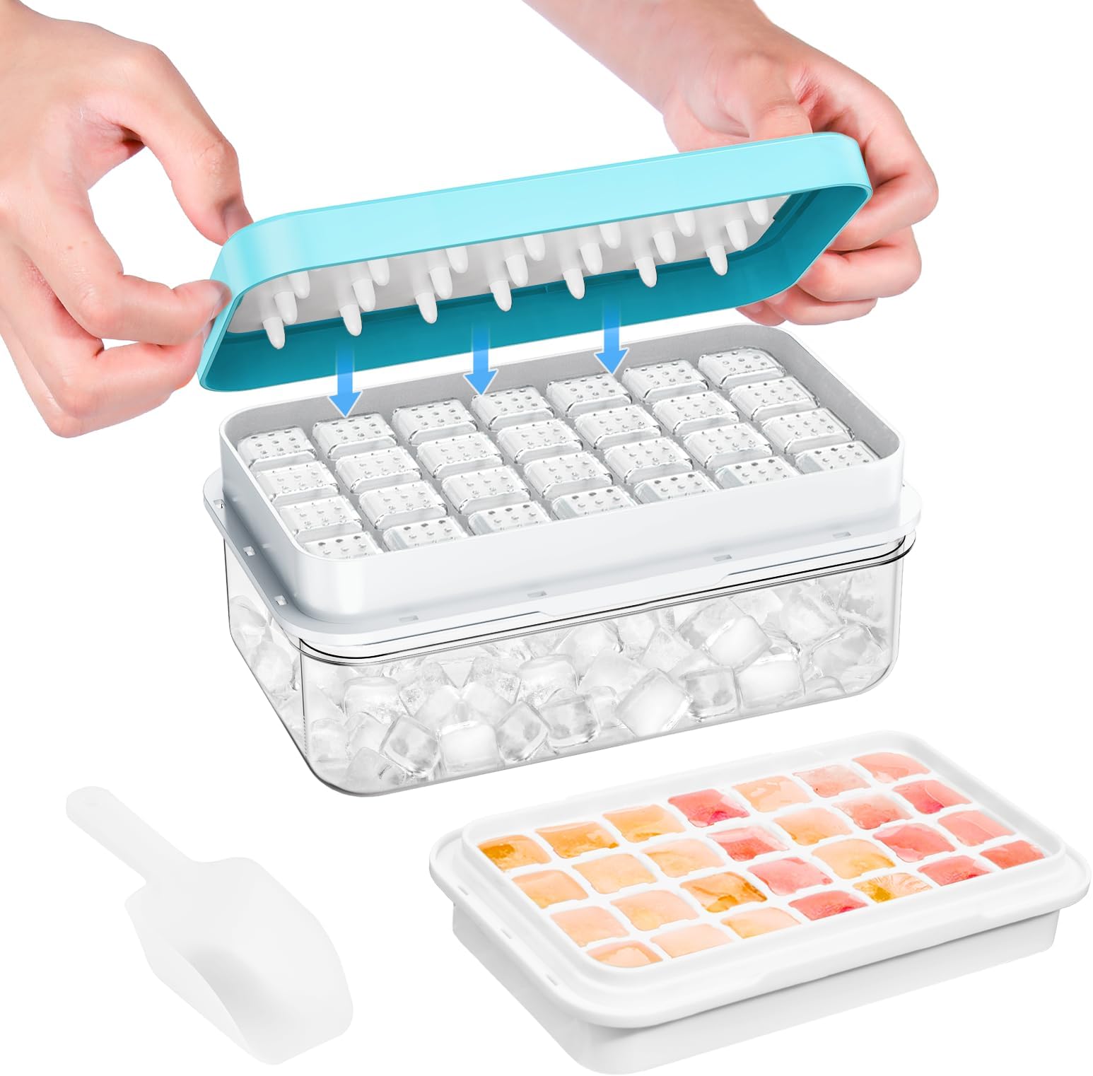 0.8“ Ice Cube Tray with Lid and Bin, PHINOX 28 Cubes Ice Trays for Freezer, Ice Cube Trays for Freezer with 1 tray, Container, Lid & Ice Scoop, BPA Free, Blue(28Cubes/Tier)