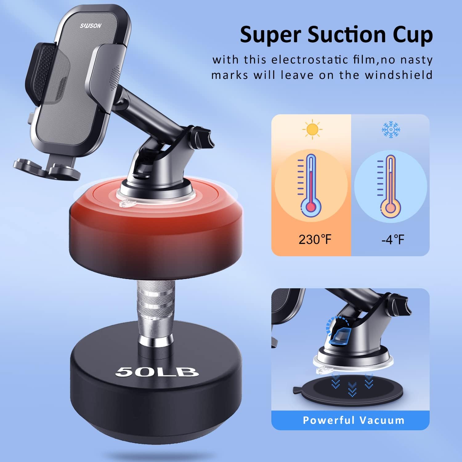 Car Phone Holder Mount -3in1 Long arm, Suitable for Dashboard/Windshield/Vent, Adjustable Holder, Compatible with All Smart Phones and Cars (Gray)