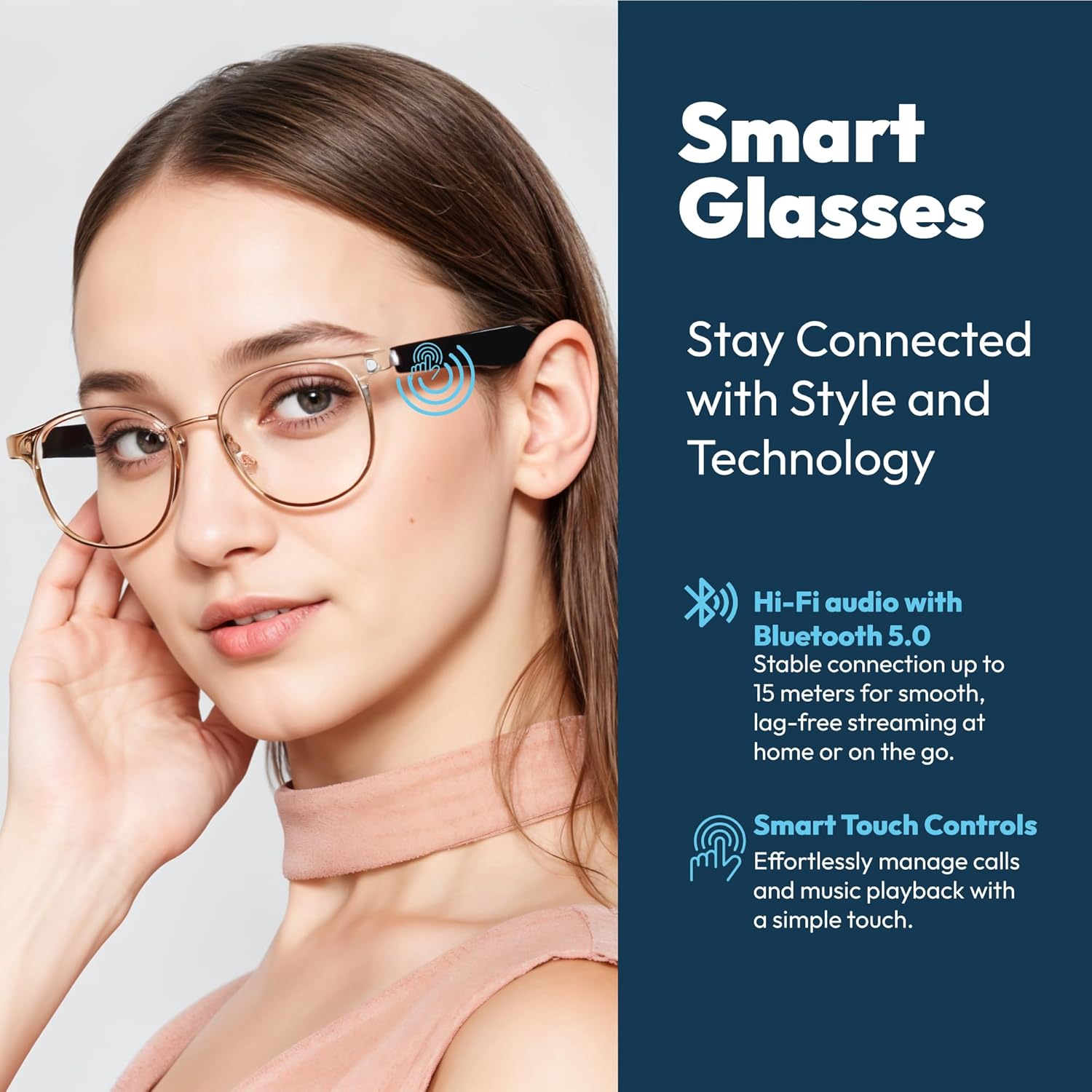 Smart Bluetooth Glasses Audio Eyewear - Wireless Headphone with Blue Light Blocking Lens Mic Speaker Open Ear Music & Touch Calling for Indoor Outdoor - Rechargeable Waterproof for Men Women