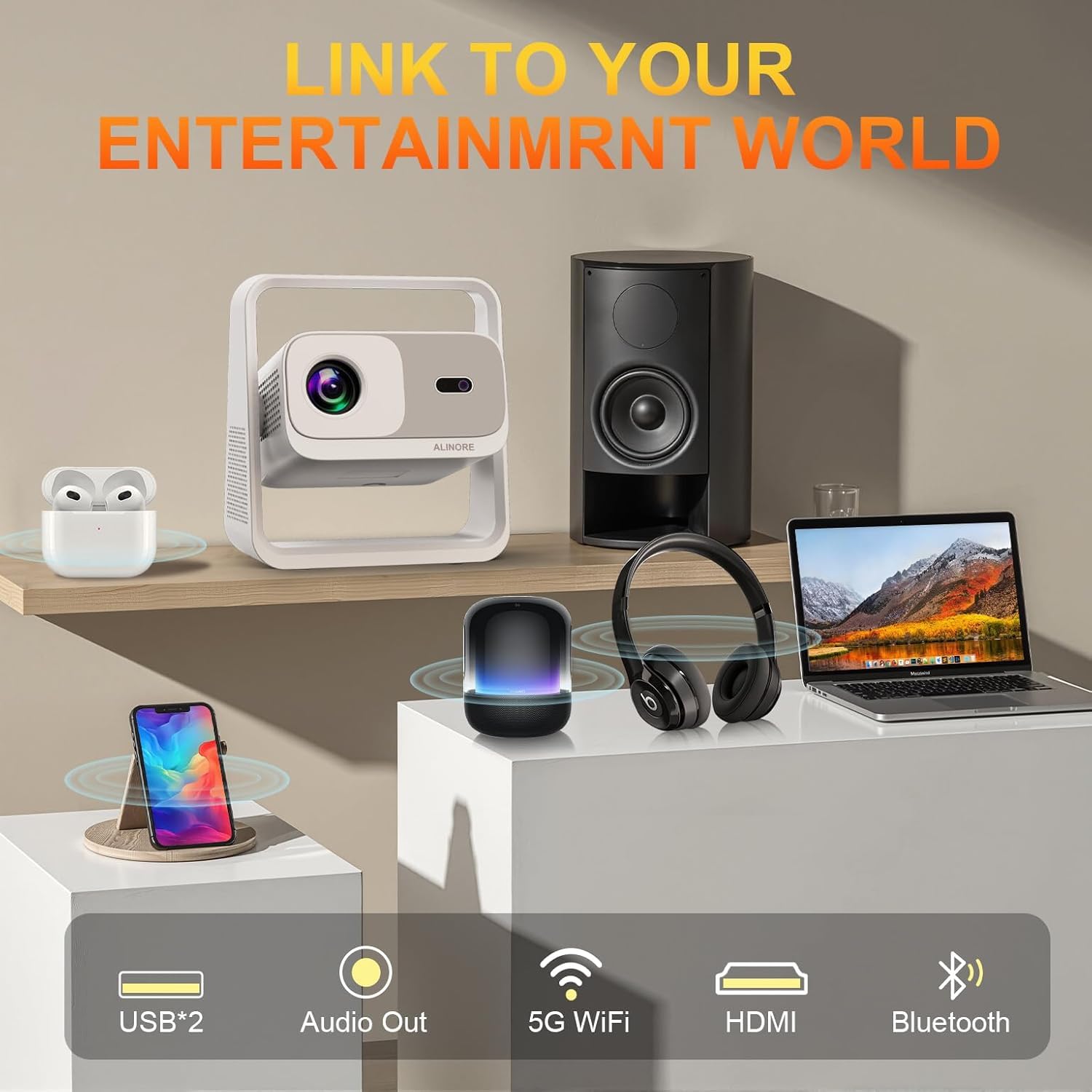 Proiettore intelligente con WiFi6 e Bluetooth5.2, 2000ANSI, app integrate, supporto 4K, proiettore di film all'aperto 1080P nativo, Keystone automatico e supporto a 360°, Proyector portatile per home