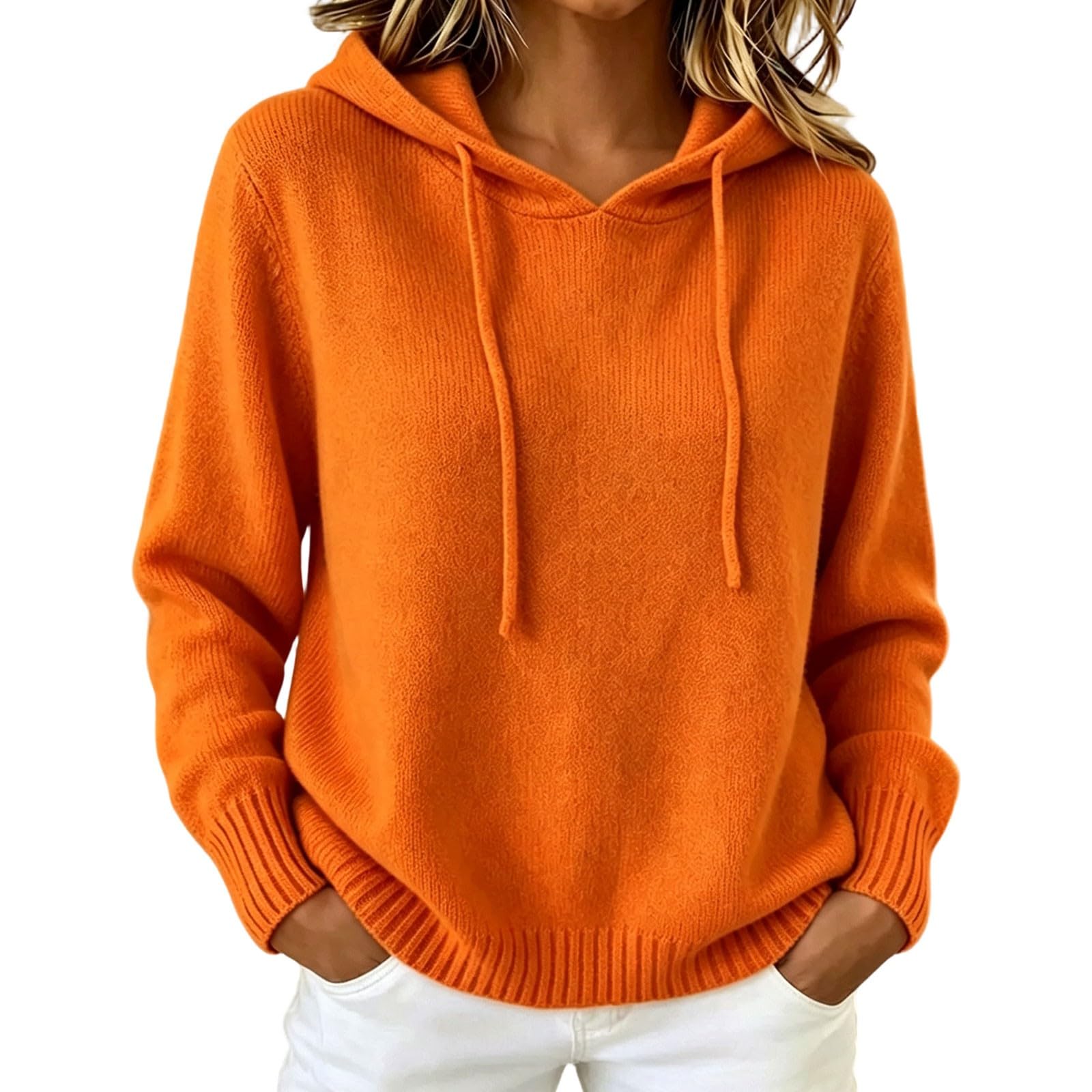 Felpa Donna Con Cappuccio Tinta Unita Lavorata A Maglia Manica Lunga | Sweatshirt Con Coulisse Slim Fit Aderente Pullover Top Vestibilità Comoda Maglione Morbida E Confortevole Per Tempo Libero