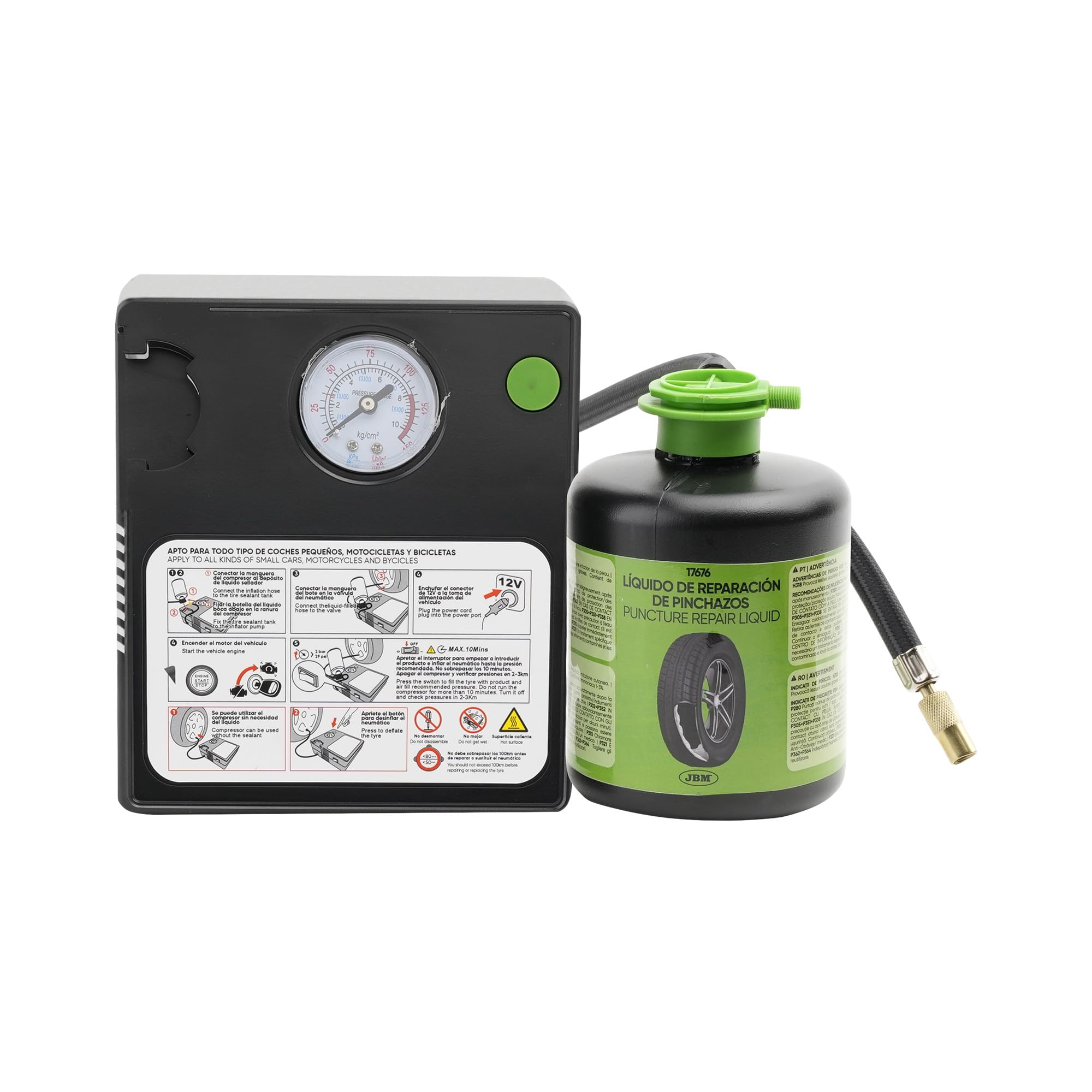 KIT SELLADOR DE PINCHAZOS - LÍQUIDO Y COMPRESOR DE AIRE JBM 54760
