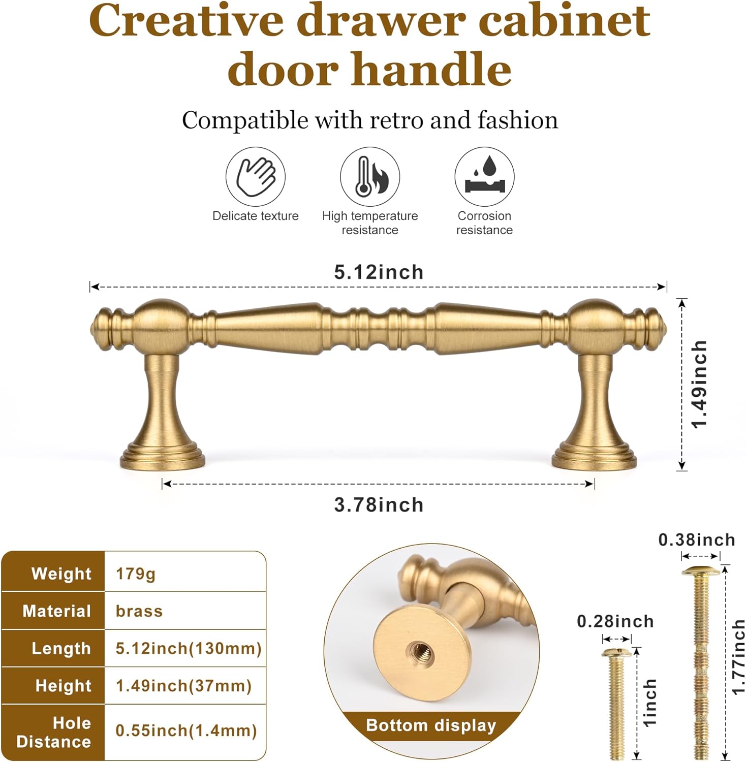 5 Pack Brushed Brass Kitchen Cabinet Handles, 3-3/4 Inch Hole Center Solid Brass Pulls for Dresser Drawer Wardrobe Cupboard French Style Matt Gold Furmiture Door Hardware