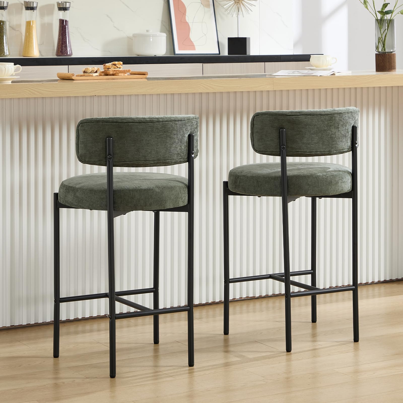 Set di 2 Sgabelli da Bar Sgabelli da Bancone in Chenille con Gambe Metalliche,Sgabelli Cucina Stile industriale con Poggiapiedi in Metallo,Verde