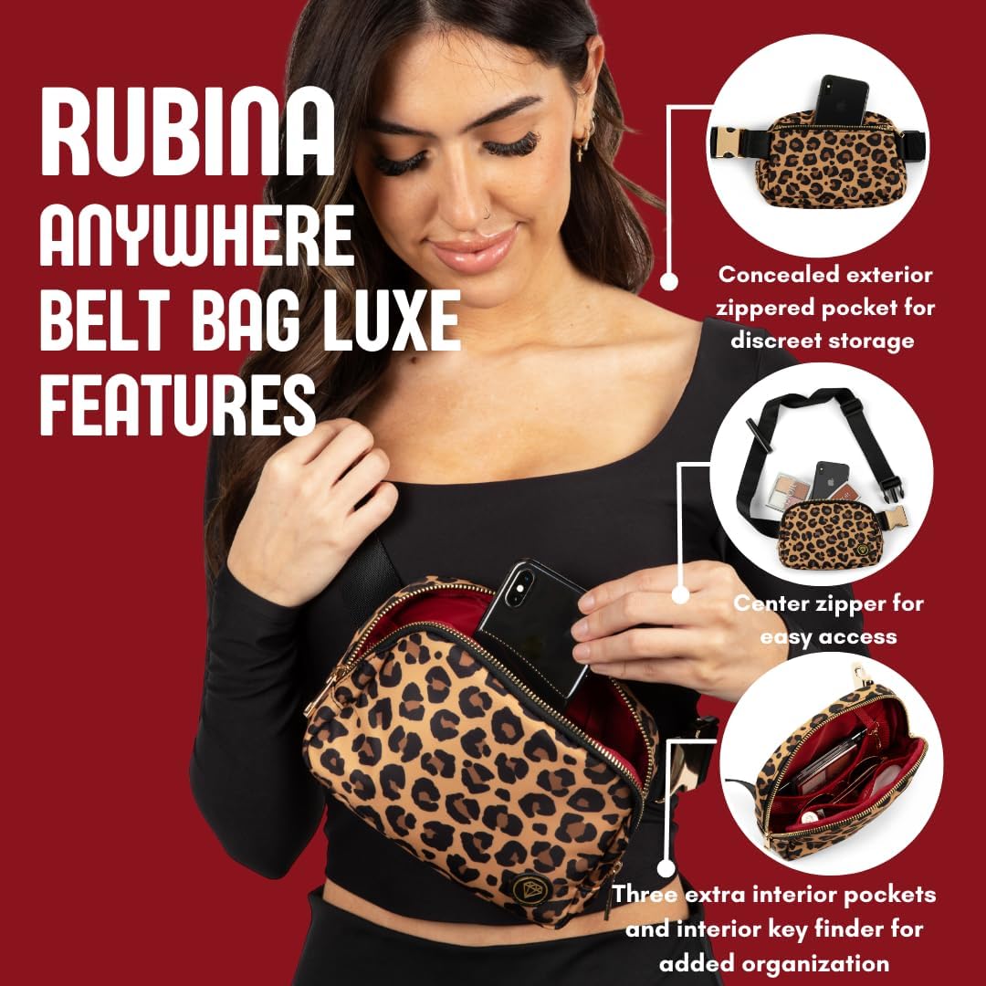 Rubina Anywhere Luxe Belt Bag | Crossbody & Hip Waist Pack for Women & Men | Unisex Hiking, Workout, Running, Travel & Festival Bag | Adjustable Strap & Metal Buckle | Rosette Leopard - Image 2