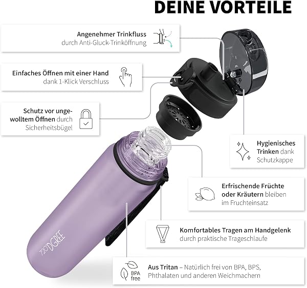 720°DGREE Trinkflasche “uberBottle“ 350ml, 500ml, 650ml, 1l softTouch +Früchtebehälter - Auslaufsicher, BPA-Frei - Schmale Wasserflasche für Kinder, Schule, Sport, Fahrrad, Gym, Fitness, Outdoor - 2