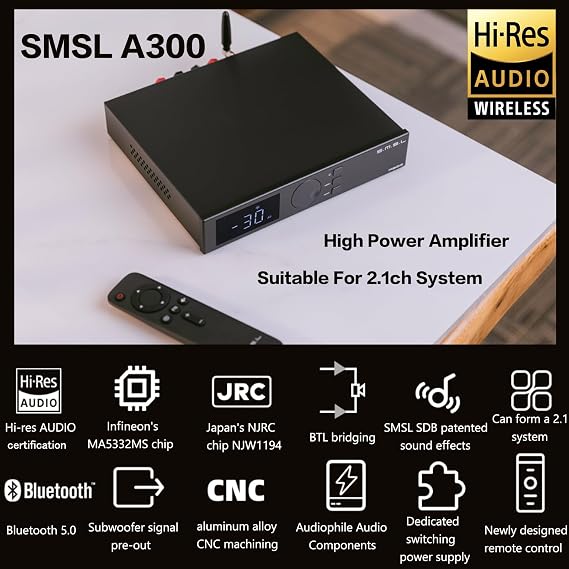 SMSL A300 HiFi Power Amplifier BTL Mode Bluetooth 5.0 2.1 Subwoofer 165W x 2 Class D Integrated Amp SDB Sound Effects Hi-Res Digital Audio Receiver with Remote Control THD+N 0.004%