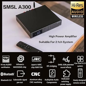 SMSL A300 HiFi Power Amplifier BTL Mode Bluetooth 5.0 2.1 Subwoofer 165W x 2 Class D Integrated Amp SDB Sound Effects Hi-Res Digital Audio Receiver with Remote Control THD+N 0.004%