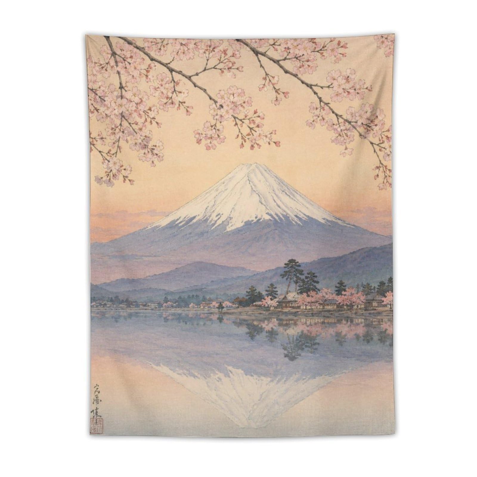 H3B8U2Y5 Mount Fuji Cherry Blossom Wall Tapestry, Ukiyo-e, Soft Lake