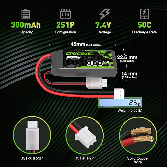 Foto 2 de 6 de OVONIC 2s Lipo - Batería de polímero de litio (7,4 V, 300 mAh, 50 C, con conector PH2.0, para helicópteros RC…