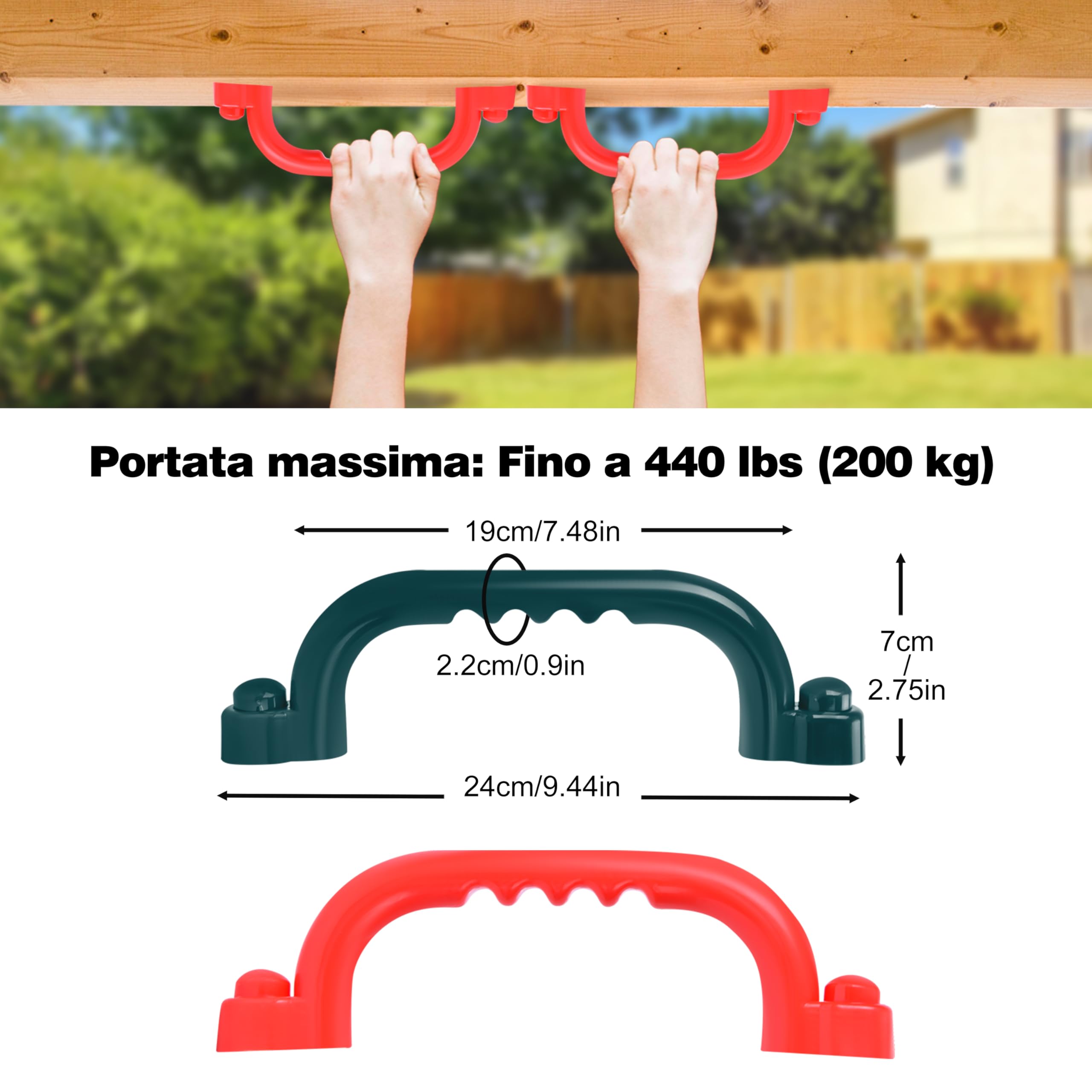 Charmofun Maniglia di Sicurezza per Parco Giochi, Maniglie per Telaio per Arrampicata, Maniglie Sicurezza Antiscivolo per Bambini, Accessori per Casetta da Gioco (Rosso e verde)