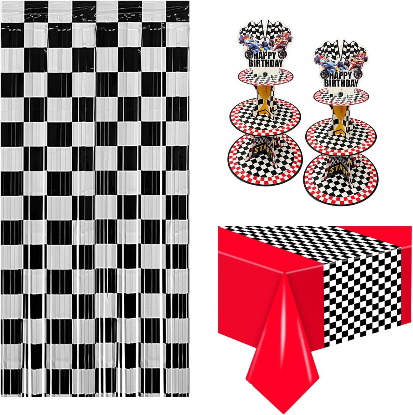 Race Car Party Decorations Supplies, Black White Checkered Foil Fringe Curtains Backdrop Racing Cupcake Stand And Racing Tablecloths for Boys Car Birthday Party Decor Favors