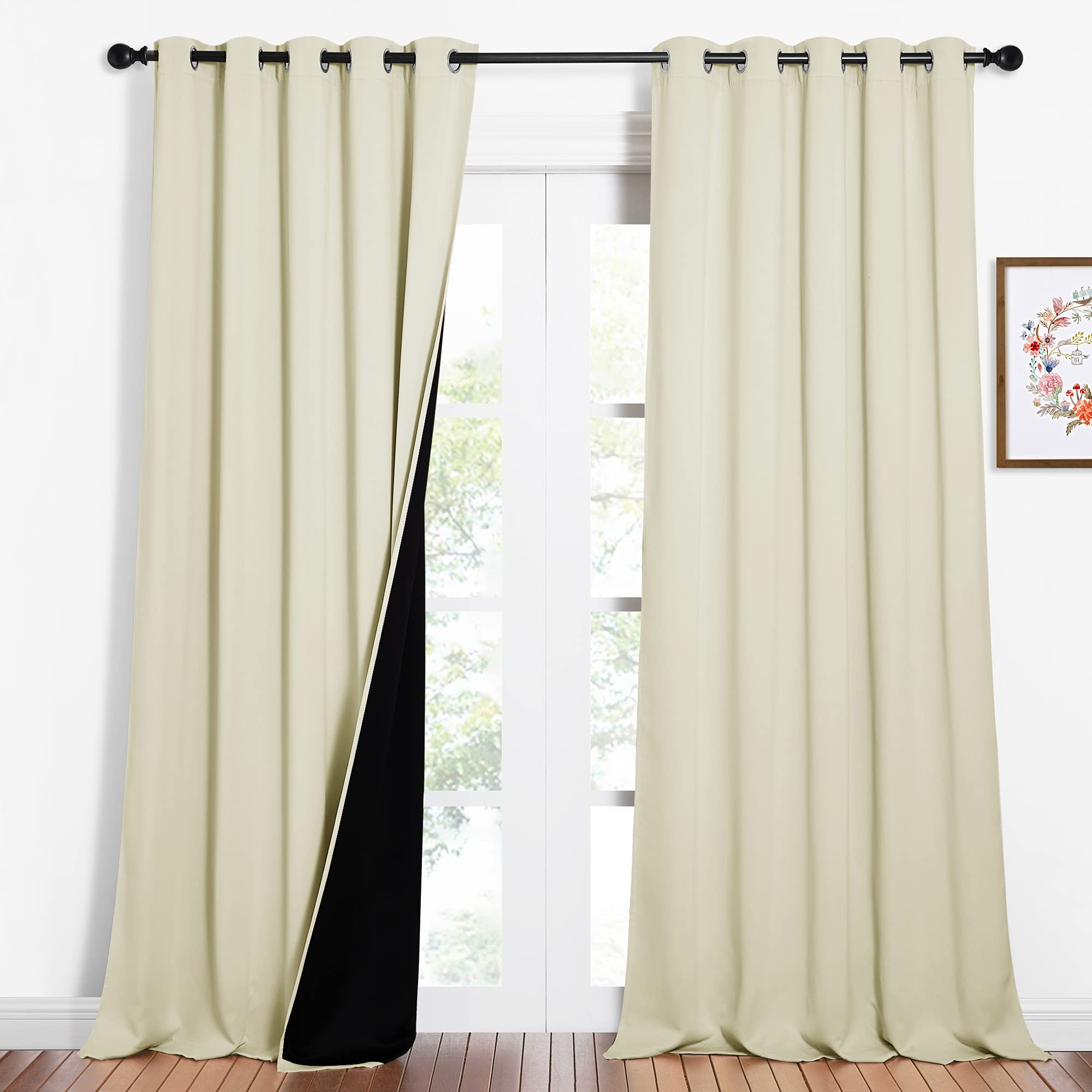 NICETOWN Living Room Completely Shaded Draperies, Privacy Protection &amp; Noise Reducing Ring Top Drapes, Black Lined Insulated Window Treatment Curtain Panels (Beige, 2 Pieces, W62 x L95)