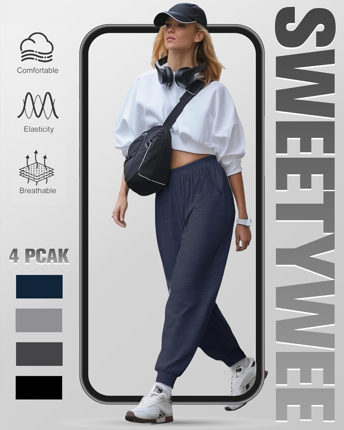 4 Pack Women's Lounge Joggers Pants, Yoga Sweatpants with Pockets Casual Baggy Workout Trousers for Athletic Gym(Dark Blue, Light Heather Gray, Heather Gray, Black,XX-Large) - Image 2