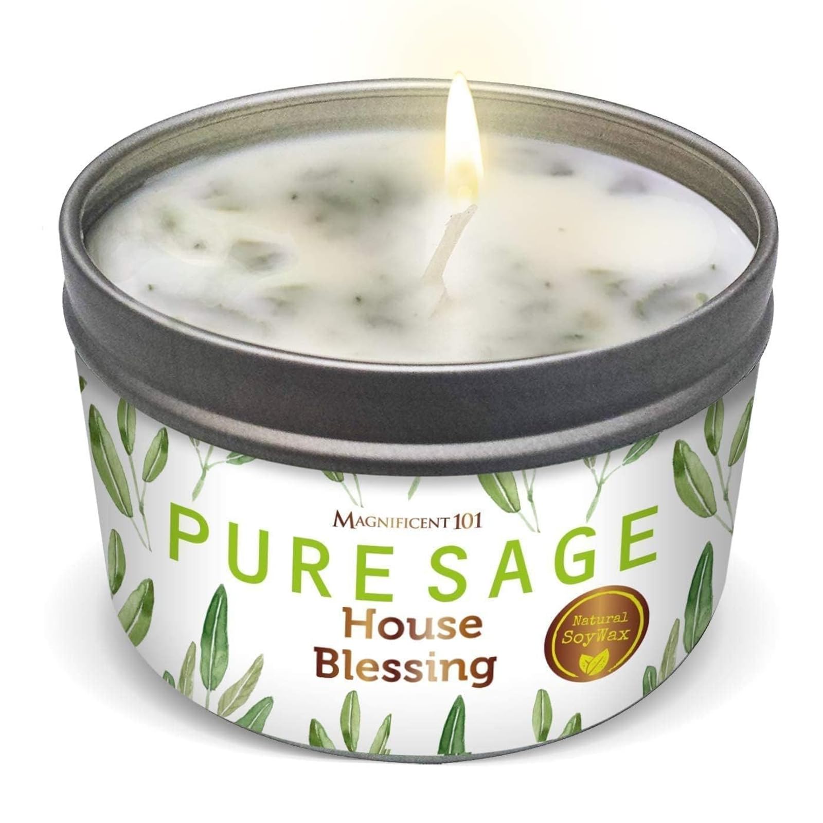 Magnificent 101 Long Lasting Pure White Sage Smudge Candle - 6 Oz - 35 Hour Burn Time | All Natural, Organic Ingredients, Smoke Free Candle to Cleanse Your Home & Banish Negative Energy