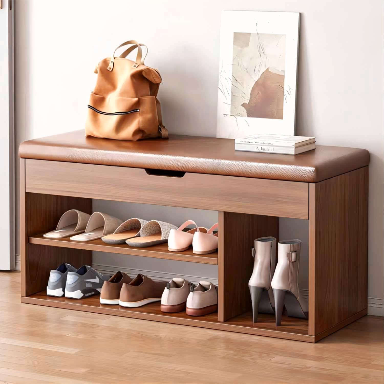 2 Tier Shoe Bench, Shoe Rack with Hidden Drawer, Shoe Storage Bench Organizer for Entryway Hallway Living Room, Wooden Material (Boots)