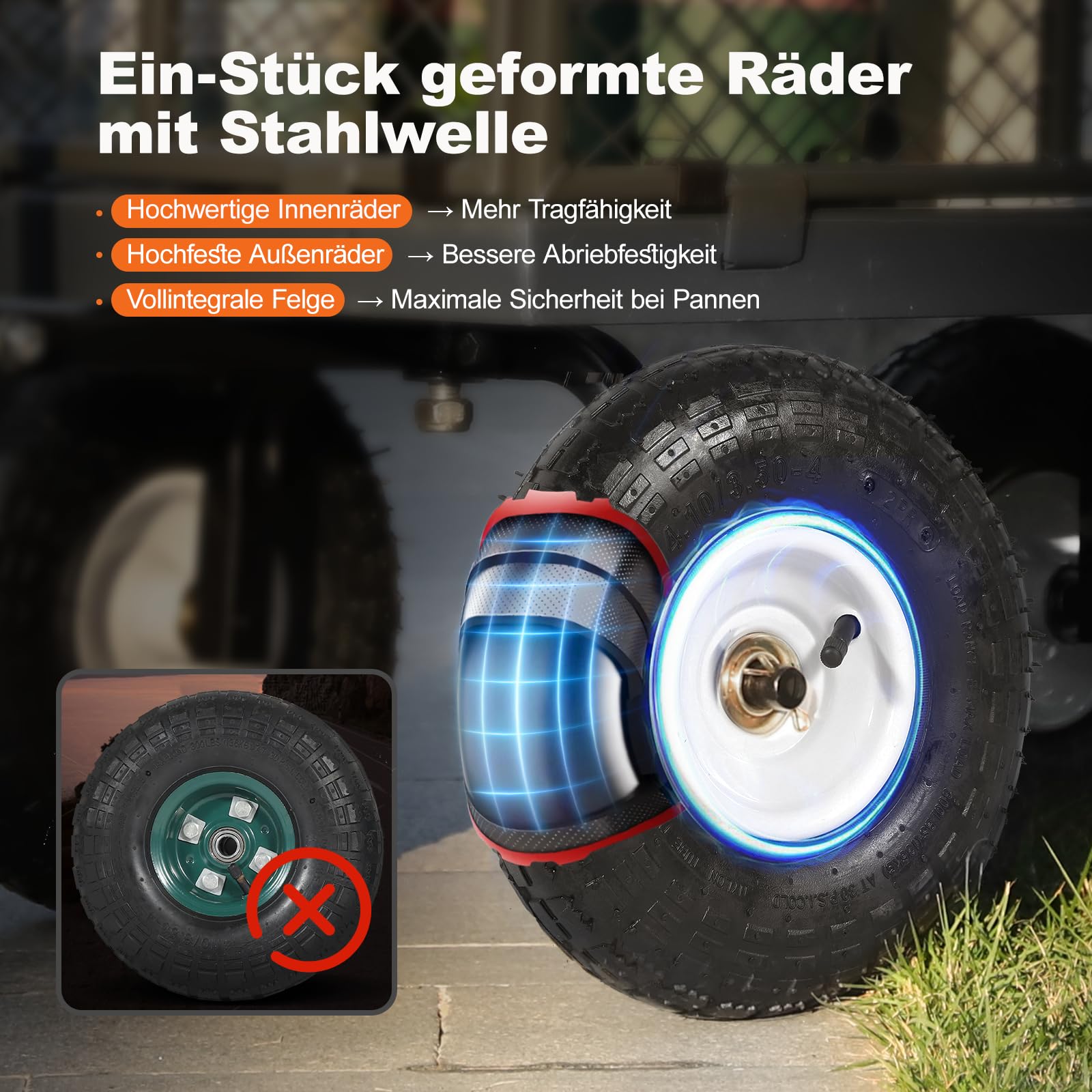 Sekey Bollerwagen Gartenwagen 550KG Belastbar, Transportwagen Transportkarre Gerätewagen mit Patentiertem Handgriff, Vollgummi-Luftreifen, Serie Titan, 200L, Grau