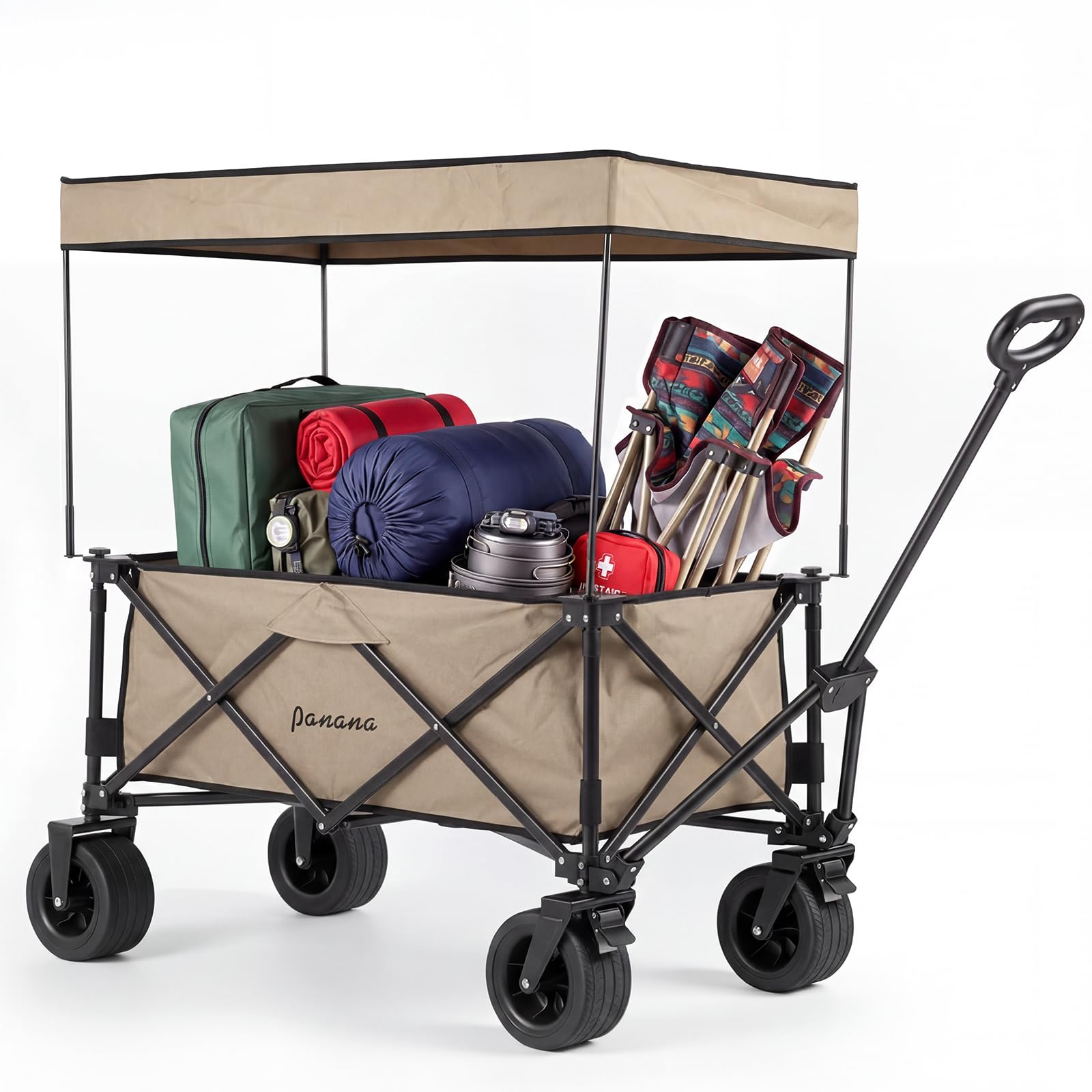 Panana Folding Trolley Removable Canopy Wide Wheels, Foldable Wagon, Portable Camping Cart, Collapsible Trolly With Adjustable Handle, Shopping Trolley Foldaway (Beige, 150L With Canopy) โ image 1