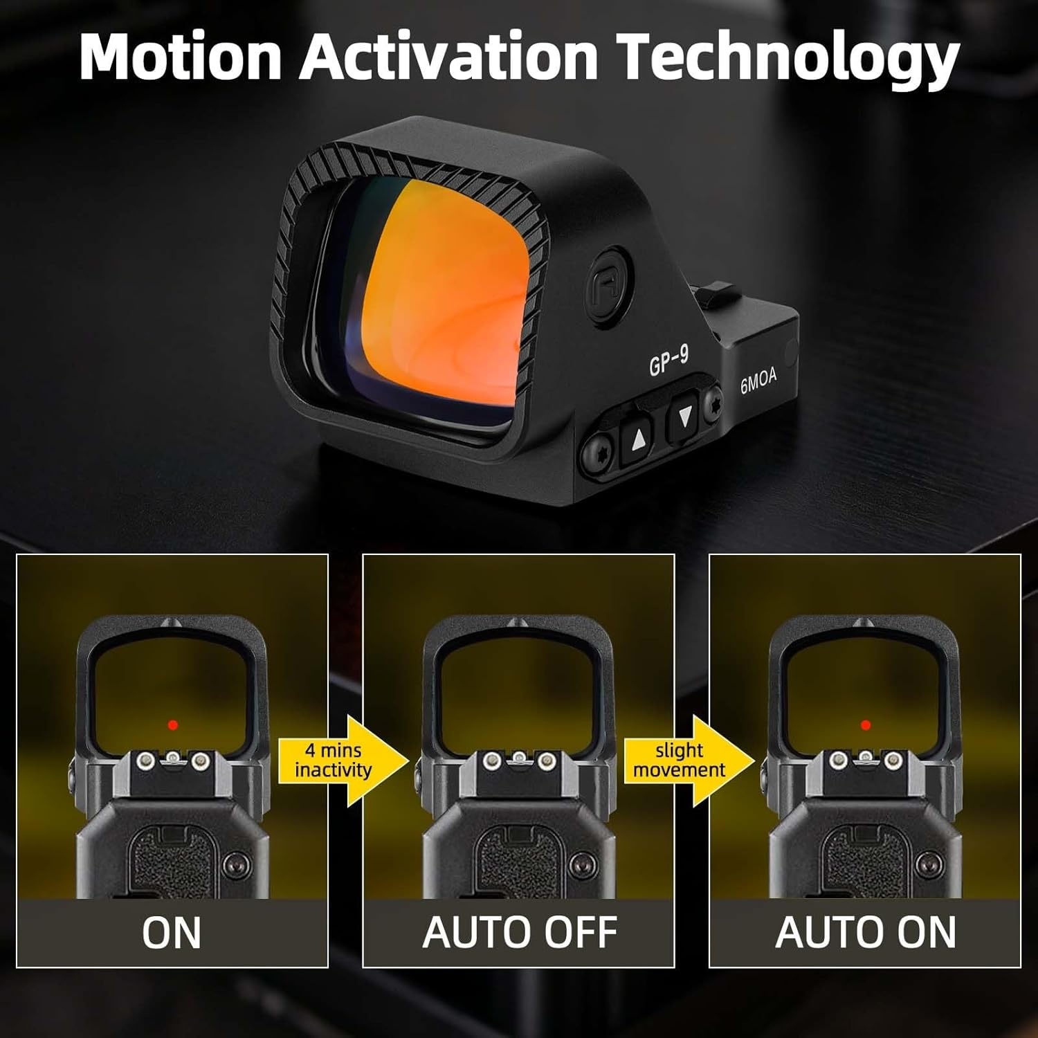 GP-9 Large Window Red Dot Sight - 6 MOA RMR Footprint Red Dot Optic - Motion Awake - 7075 Aluminum IPX7 Waterproof Open Reflex Sights