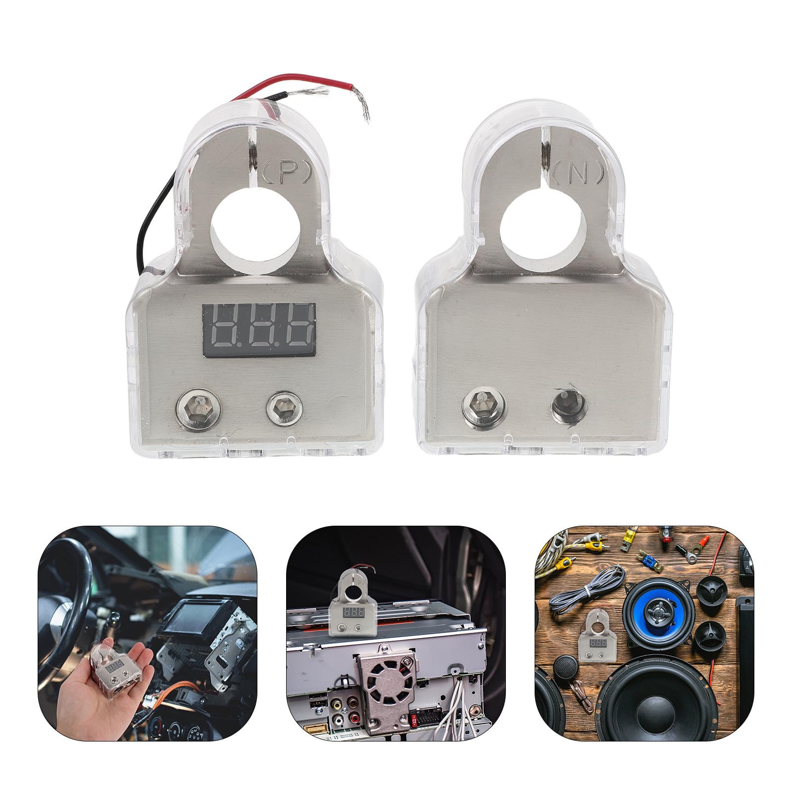 Kfz Batterieklemmen mit Voltmeter Anzeige, 2 Stück, Silber
