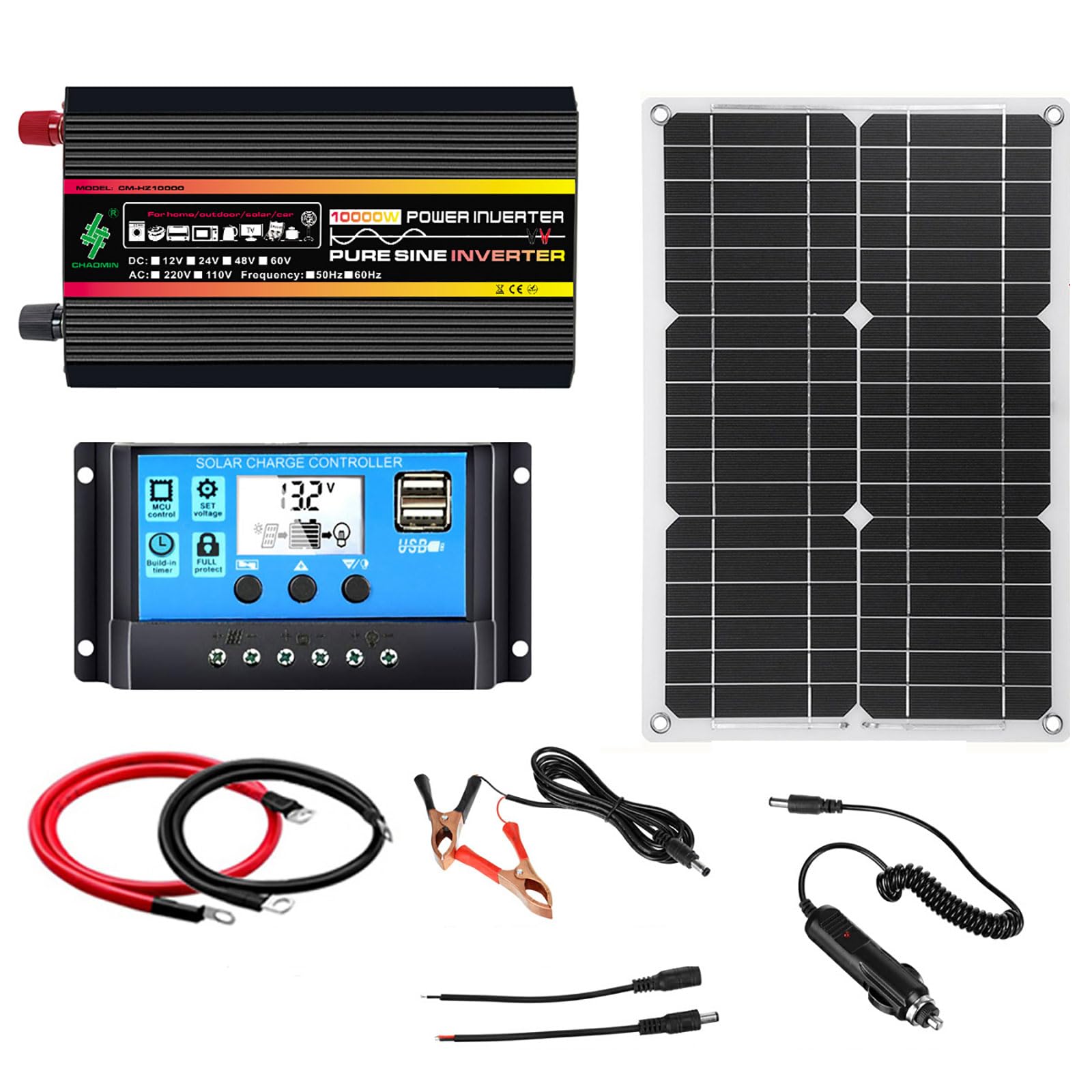 ETomey Solar Panel Kit,Complete Solar Panel Kit, 10000W Pure Sine Wave Inverter, 18W Waterproof Monocrystalline Solar Panel with 30A Solar Charge Controller, Dual Digital LCD Smart Display