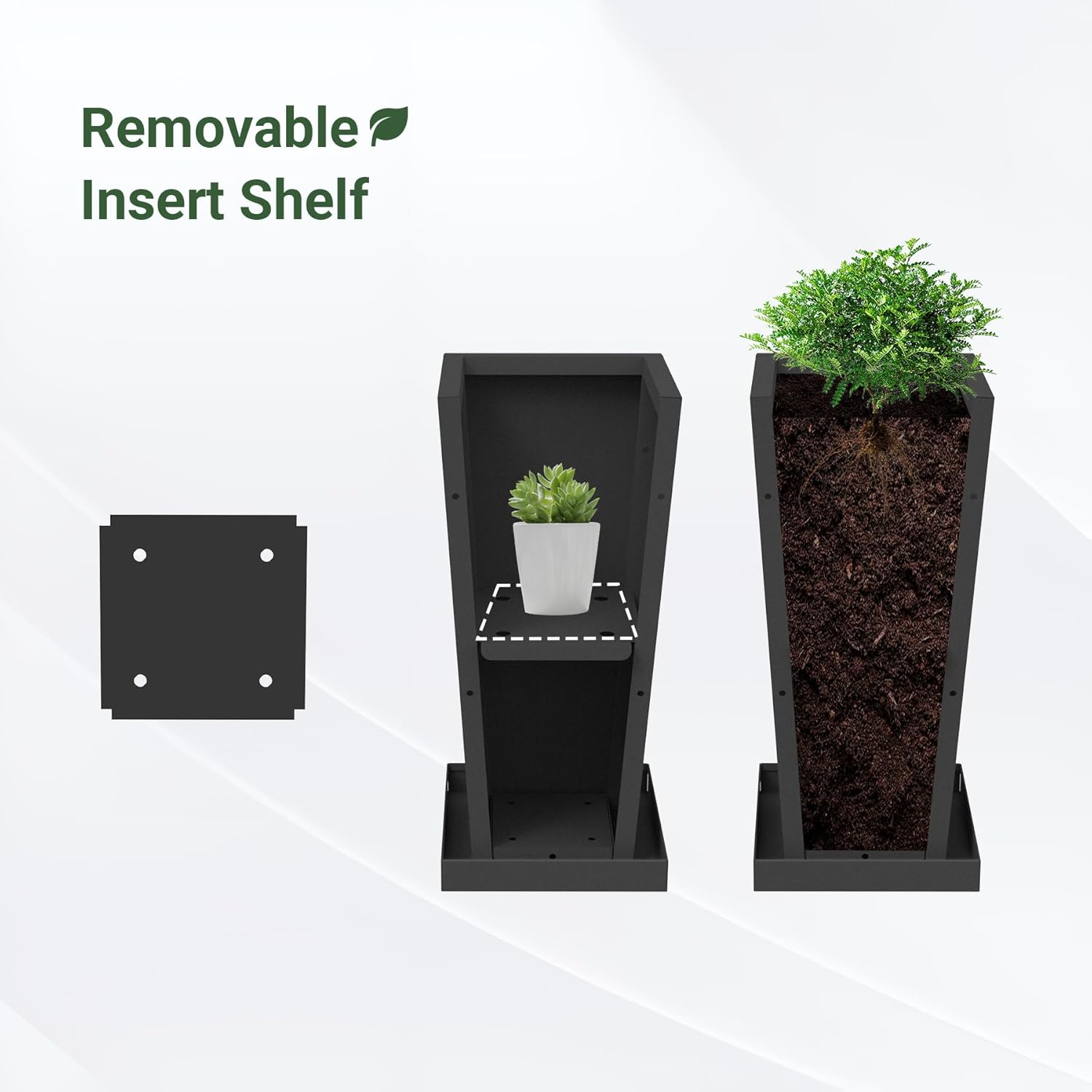 Metal Tall Outdoor Planters Set of 2, 20 inch Durable Tall Planters with Rust-Proof Coating & Drainage Insert Shelve & Trays, Black Outdoor Planters for Porch, Garden, Patio, Yard