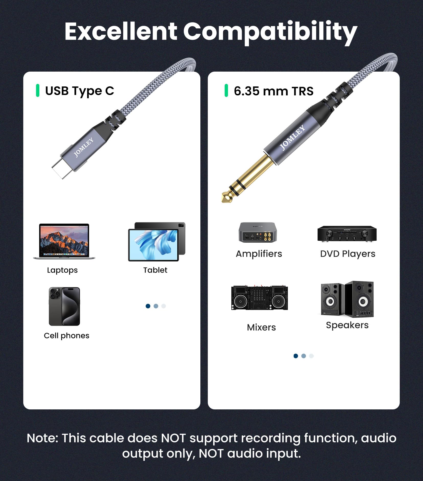 JOMLEY USB C to 1/4 inch Audio Cable 1.6ft, Type C to 6.35mm TRS Stereo Cable, USB C to 1/4 inch TRS Male Cable Audio Jack Cord for Smartphone, Tablet, Laptop, Amplifier, Speaker